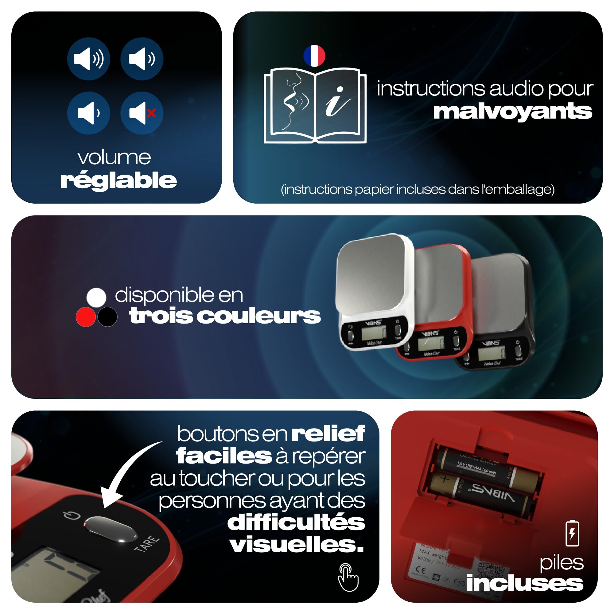 Balance de Cuisine Parlante VIBAS iVoice Chef avec Bol, pour Non-Voyants et Seniors, 5 Langues, Signaux Sonores, Répétition du Poids, Volume Réglable, 10 kg, Piles Incluses