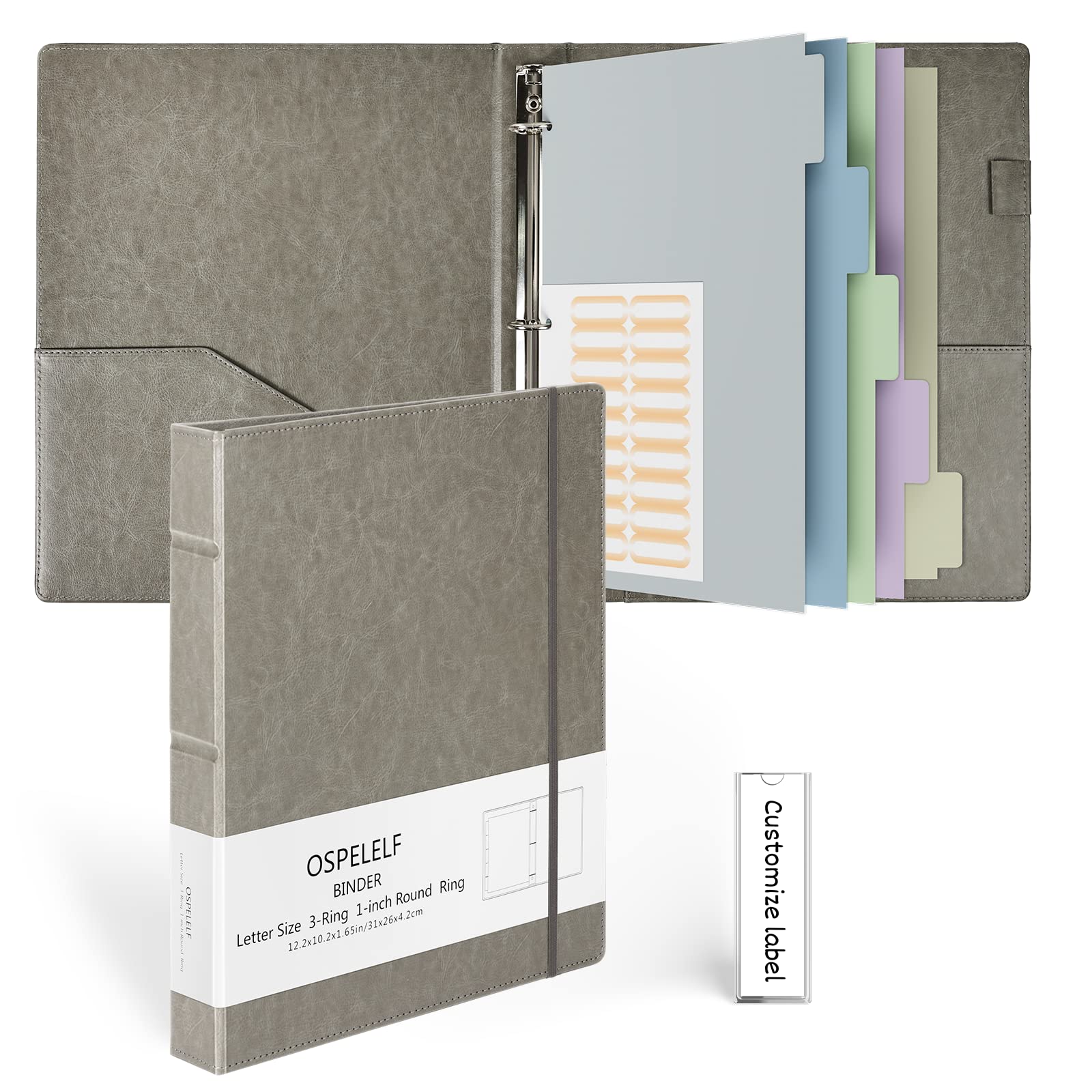 Ospelelf Vintage Hardcover 3 Ring 1 inch Leather Binder, Professional Binder Organizer Suitable for Letter Size, Binder Dividers with Tabs, Faux Gray Leather