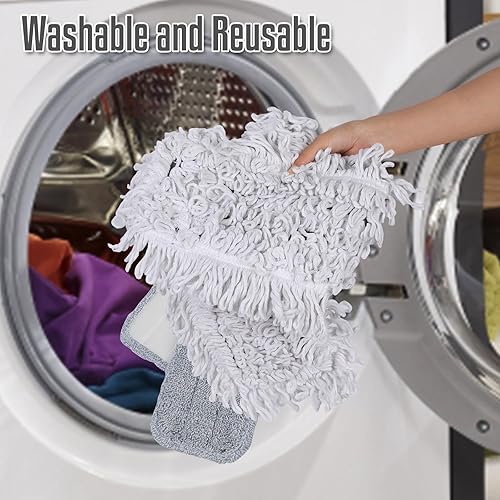 Miniatura 6 de Trapeador industrial comercial de 36 pulgadas, mango largo, algodón lavable y 2 almohadillas de microfibra para trapeador, resistente húmedo y seco