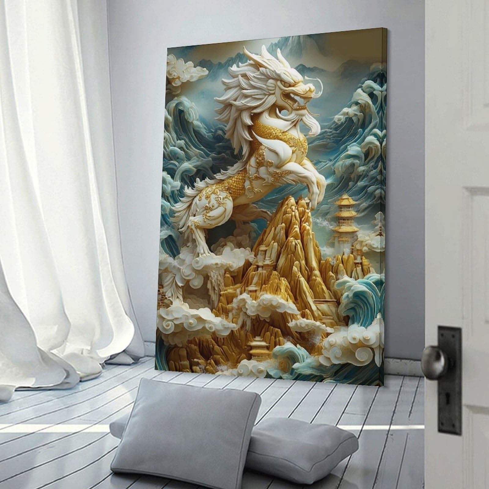 Junmoney Frame-Style-1 Decorative Canvas Print Mythical Dragon Sculpture, 24X36inch(60X90cm), For Home Office, Desk Area Or Studio, Home Office Artwork With Decorative Appeal
