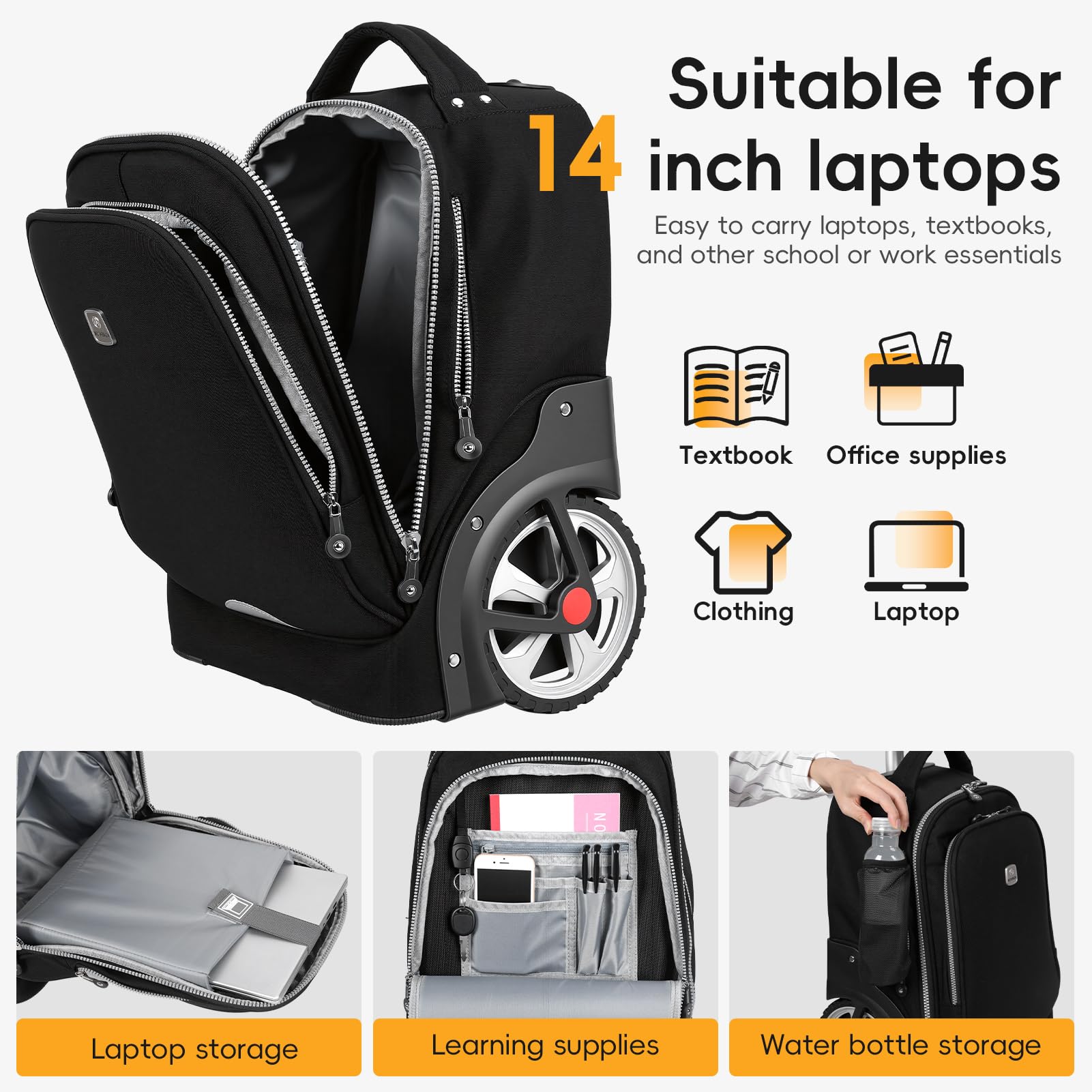 Reiserucksack mit Rollen, 48,3 cm Rolltasche, Laptop-Trolley-Trolley-Tasche, Handgepäck-Koffer für Erwachsene, Business, Uni, Arbeit, Übernachtungsrucksack, Schwarz , S, Klassisch