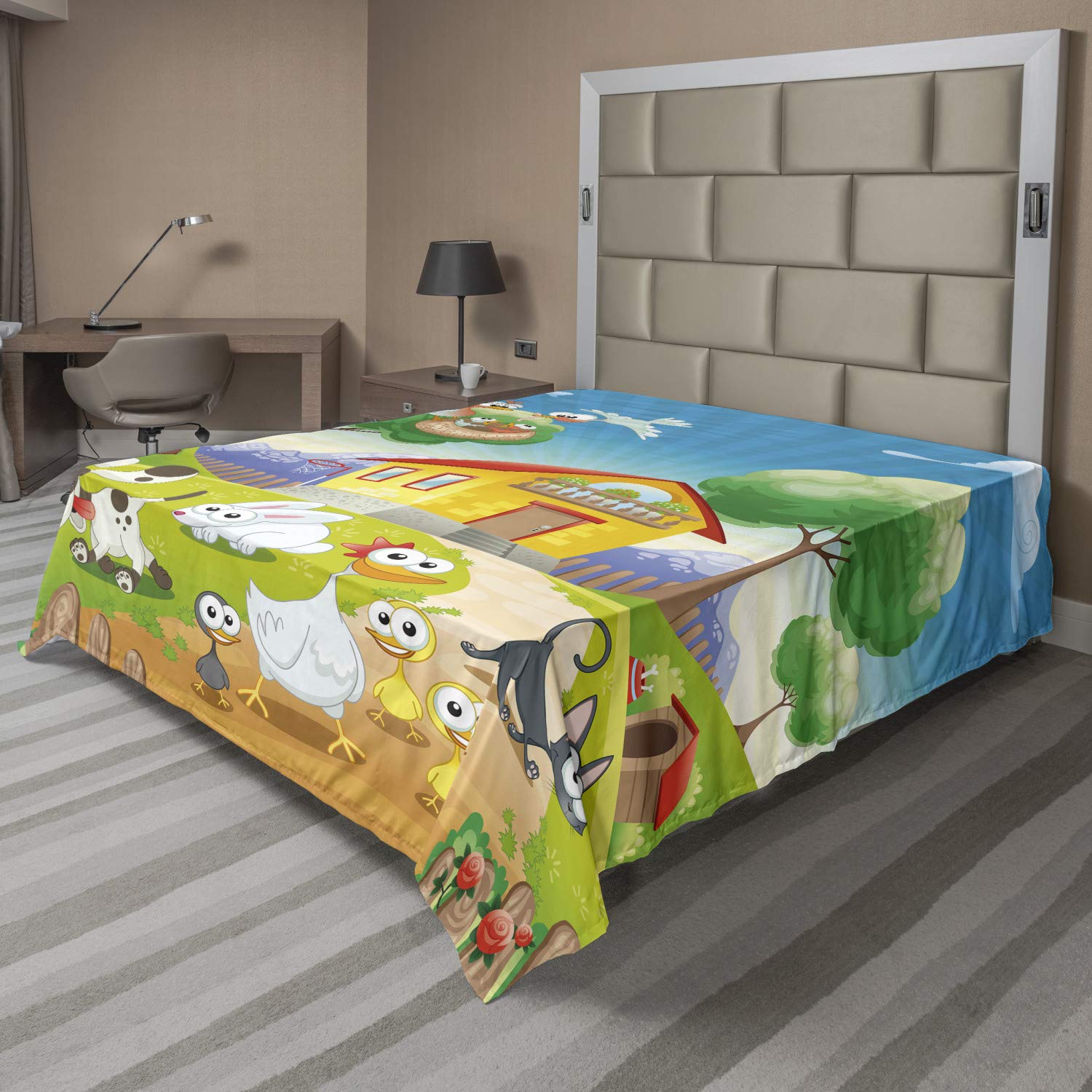 Lunarable Animal Flat Sheet, Farm House Scenery Chicken Rabbit Dogs Cat Funny Cartoon Kids Art Funny Theme, Soft Comfortable Top Sheet Decorative Bedding 1 Piece, King Size, Blue Yellow