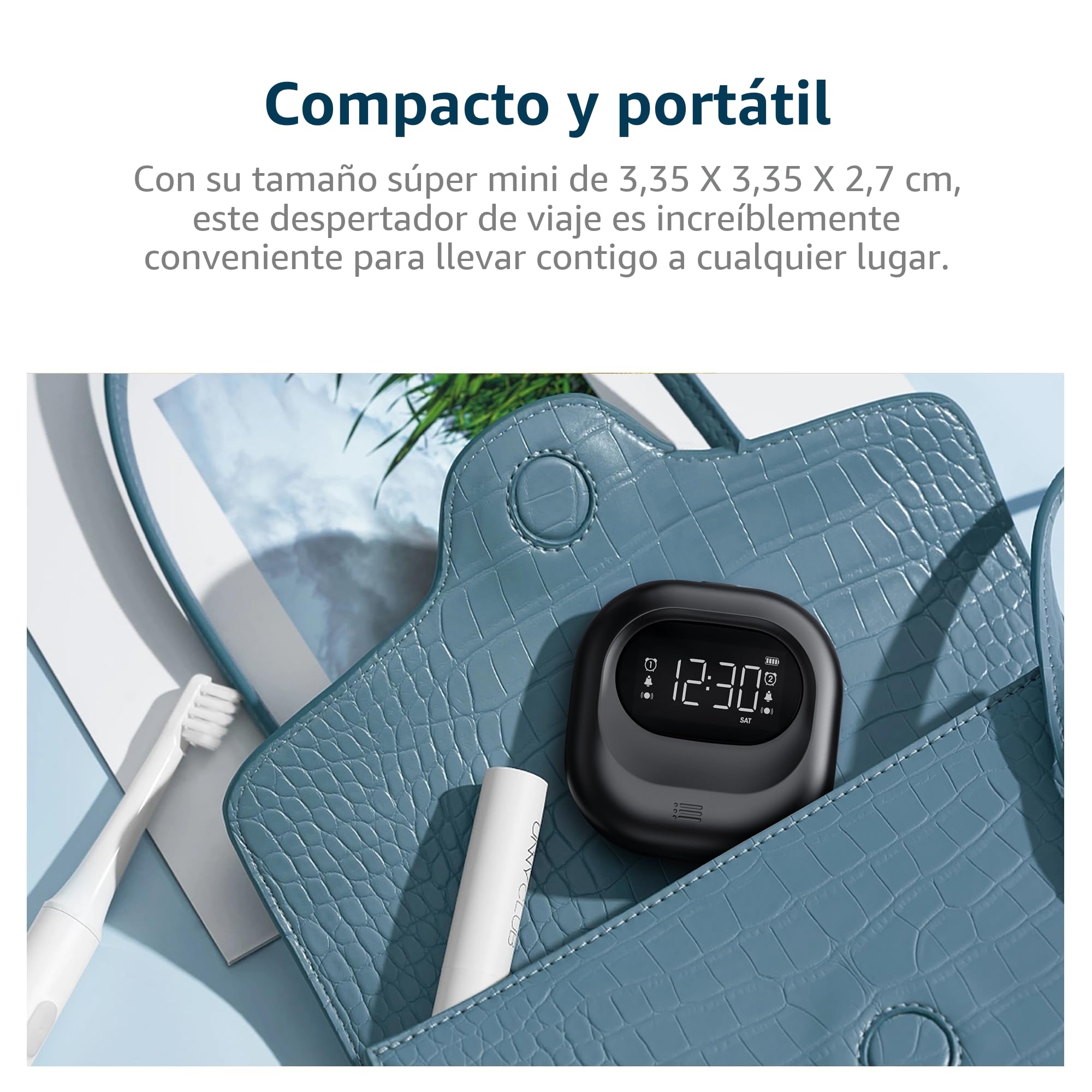 Mesqool Reloj Despertador con Vibración, Reloj Despertador con Batería Recargable, Alarma Doble para Días Laborables & Fines de Semana, Inalámbrico, Sin Cables, Reloj Despertador Digital de Viaje