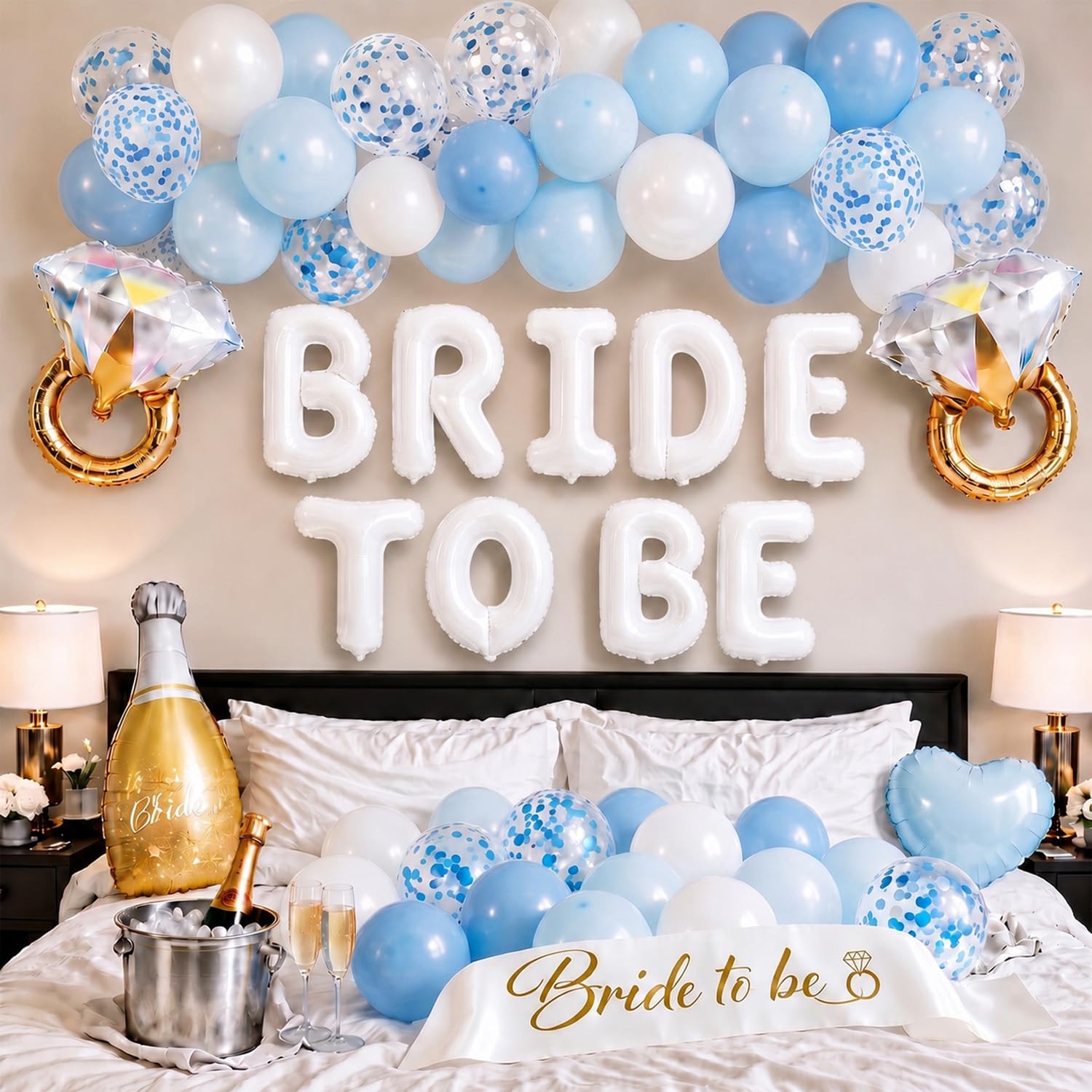 Bride To Be Light Blue White Themed Hen Do Balloon Kit BRIDE TO BE Letter Balloons Confetti Champagne Bottle Diamond Ring Heart Foil Balloons Bride Sash Bridal Shower Decor Supplies