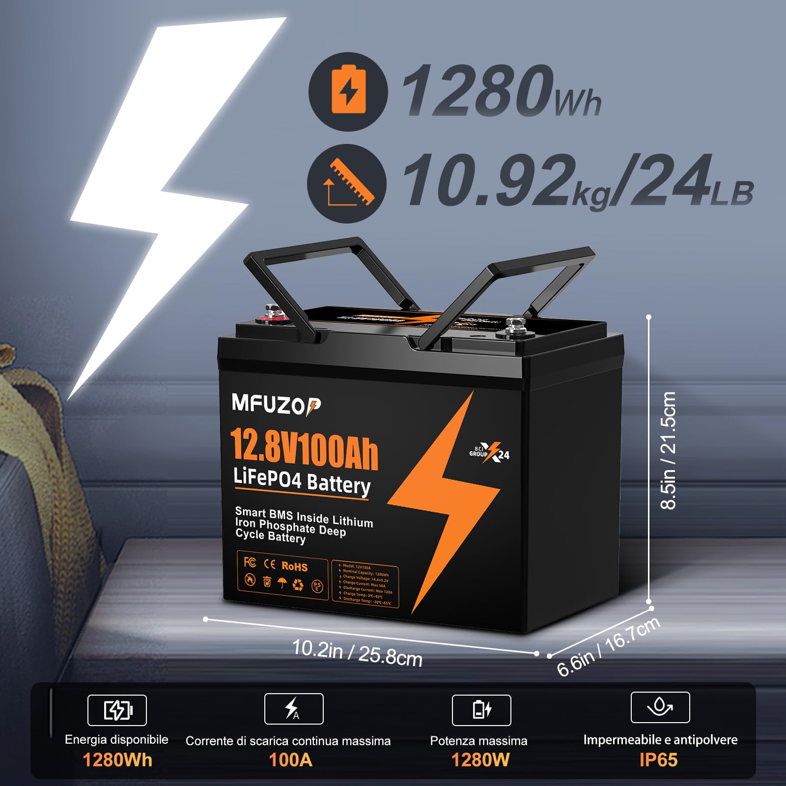 MFUZOP 12V100Ah LiFePO4 Batteria Group 24, 100A BMS, MAX 1280W Potenza, 8000-15000 Cicli Deep Cycle, Supporta Collegamento in Serie/Parallelo, per Camper, Sistema Solare Domestico