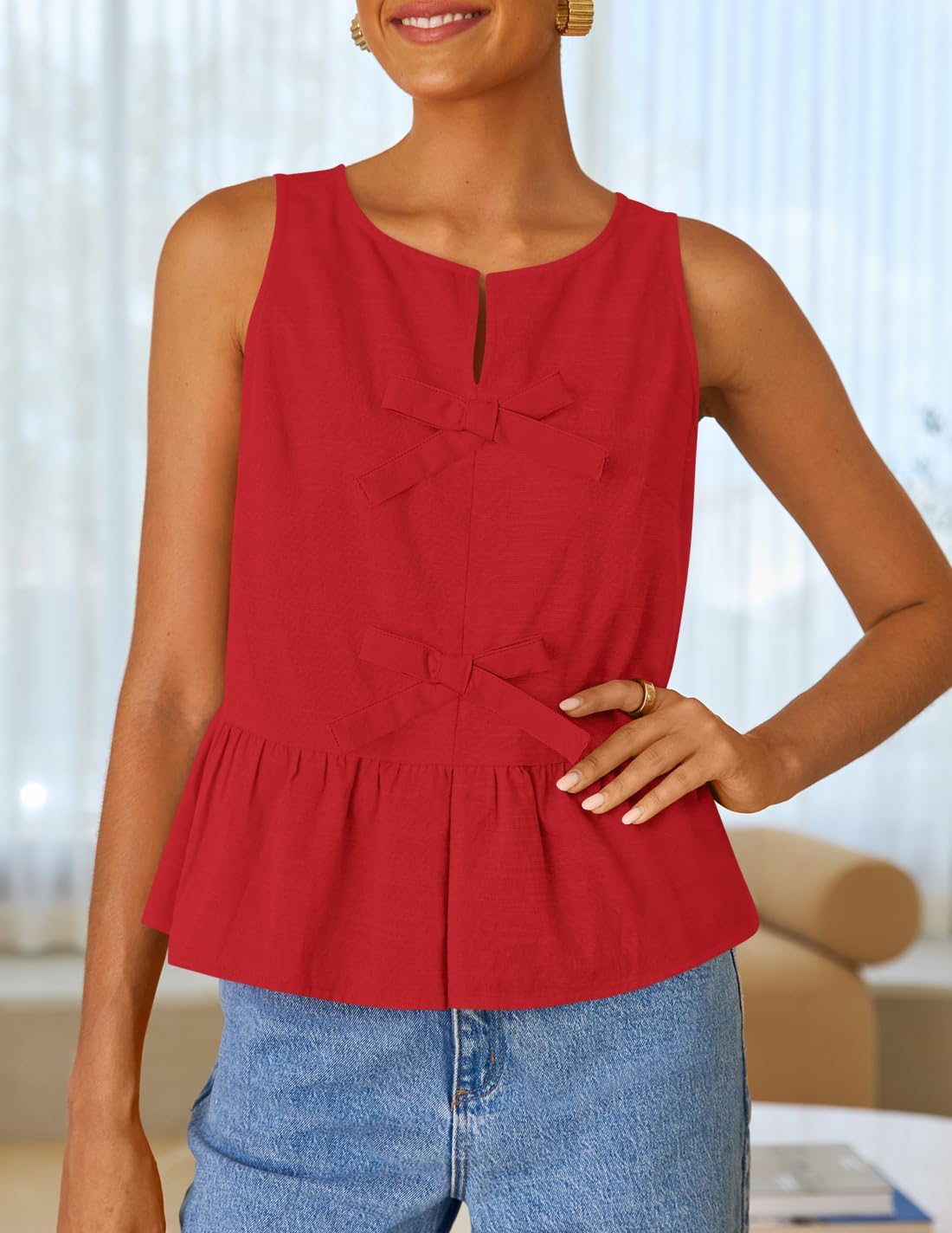 ZESICA Women's Summer Sleeveless Peplum Tank Tops 2026 Tie Front Crewneck Loose Flowy Ruffle Babydoll Going Out Shirts - Image 7