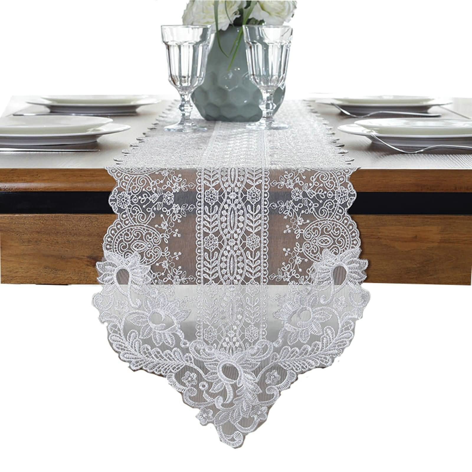 Chemin de table floral en polyester blanc 30x280 cm avec dentelle fine