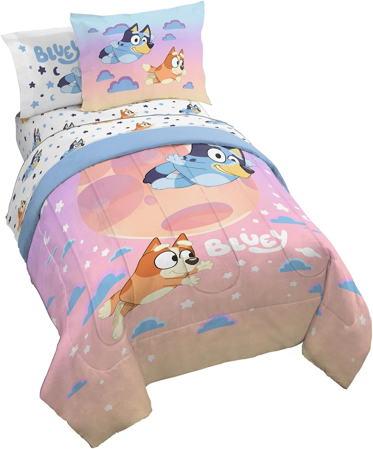 Jay Franco Bluey & Bingo Full Comforter Set - 7 Piece Bed Set Includes Sheet Set & Pillow Covers - Super Soft Clouds & Stars Kids Bedding