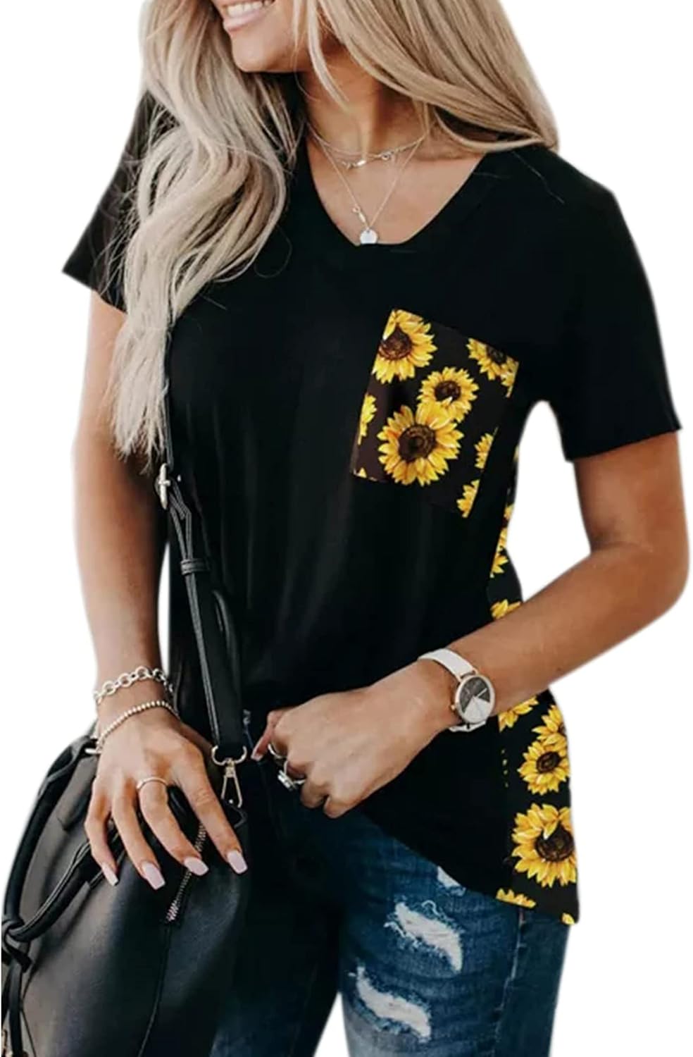 Blooming Jelly Women's Leopard Print Tops Loose V Neck Shirts Short Sleeve Blouses with Pocket