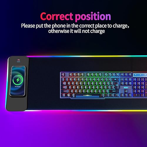 Miniatura 5 de Gaming Mouse Pad, Wireless Charging, 15W Fast Charging, 15 LED Light Modes, Extra Large 800x300mm, Non-Slip Rubber Base, Compatible with PC,