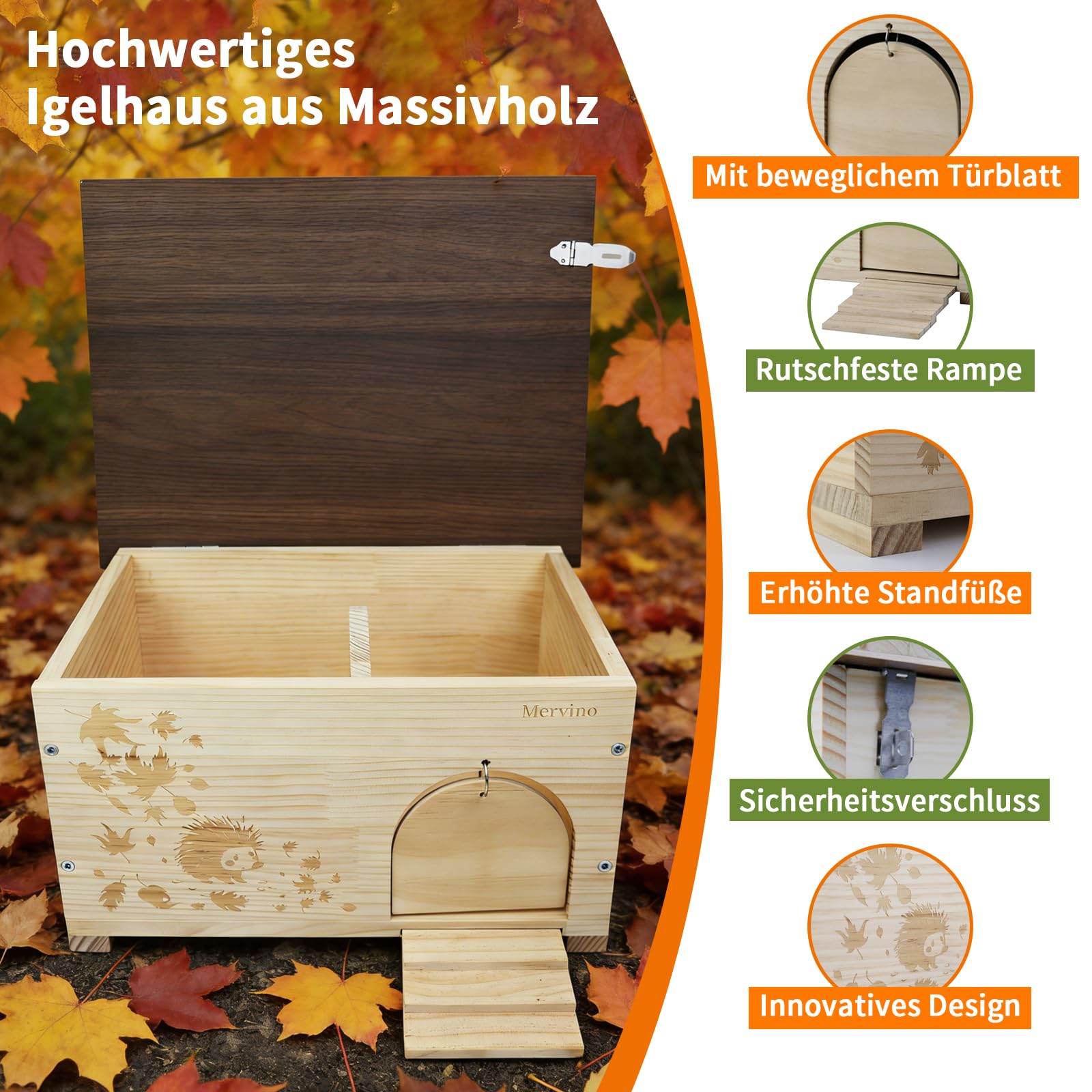 Mervino Igelhaus Holz mit Rattenklappe und Boden - Robustes Igelhotel Winterfest, mit Leiter & wasserdichtem Dach als Gartenunterschlupf für Winterschlaf und Sommeraufenthalt (44x34x24 cm)
