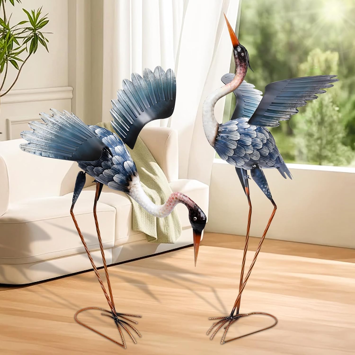 MUMTOP Crane Garden Statues for Outside, 2 Pack Blue Heron Garden Sculpture Statue, Large Bird Yard Art for Backyard Pond Patio Porch Decoration
