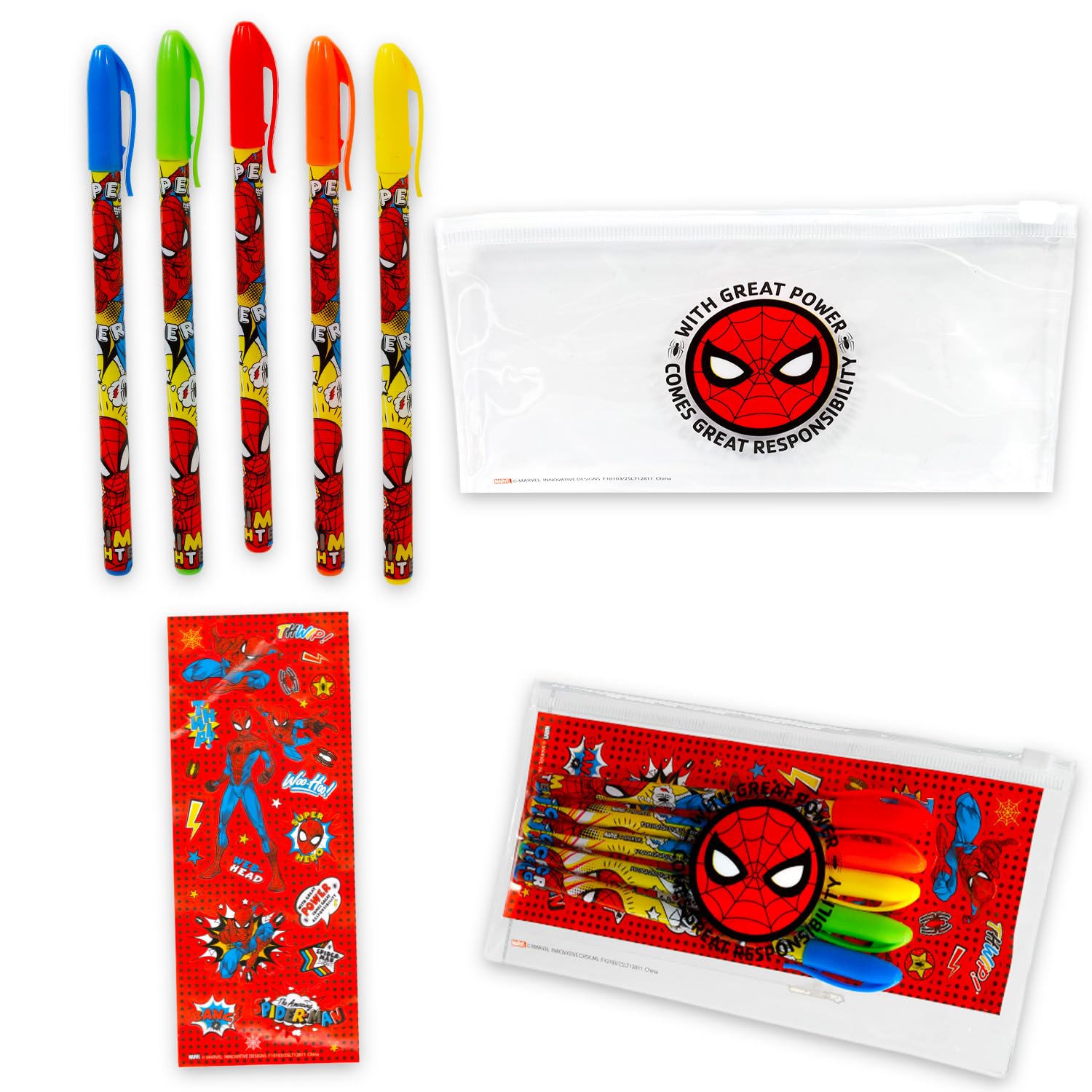 Spiderman – Ensemble de fournitures scolaires Marvel avec trousse à crayons, marque-page, autocollants, plus | Ensemble de papeterie Spiderman pour enfants, garçons, tout-petits