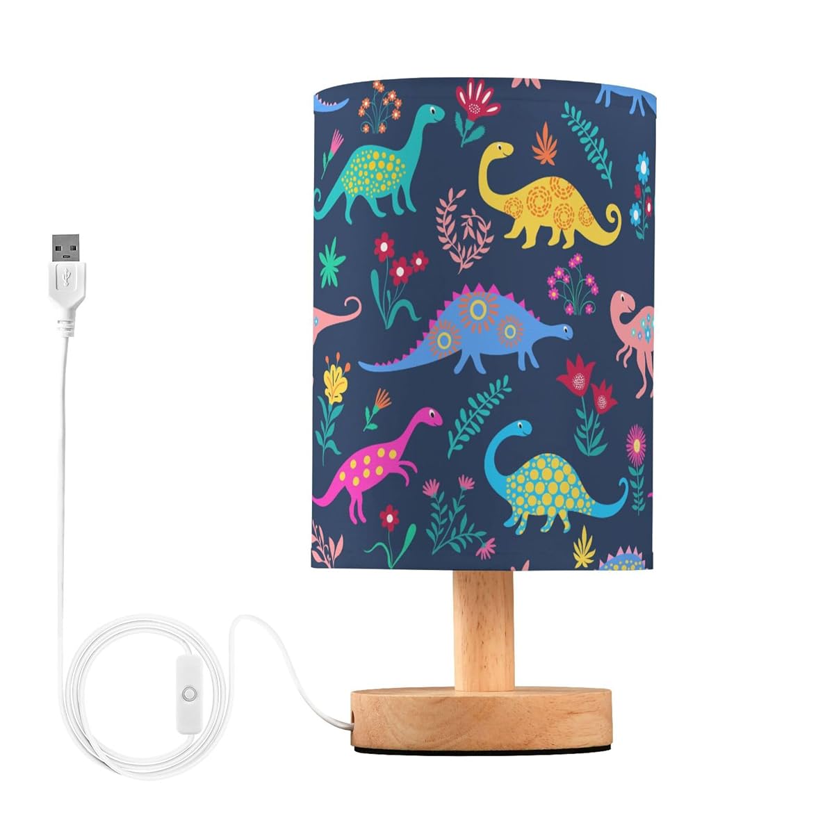 Yyzzh Table Lamp Dinosaur Floral Pattern Nightstand Lamp With Wood Base Fabric