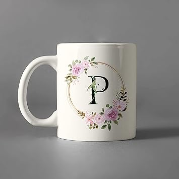 SMILEYO Creative Colorful Floral Letter White Ceramic Mug (Alphabet P)
