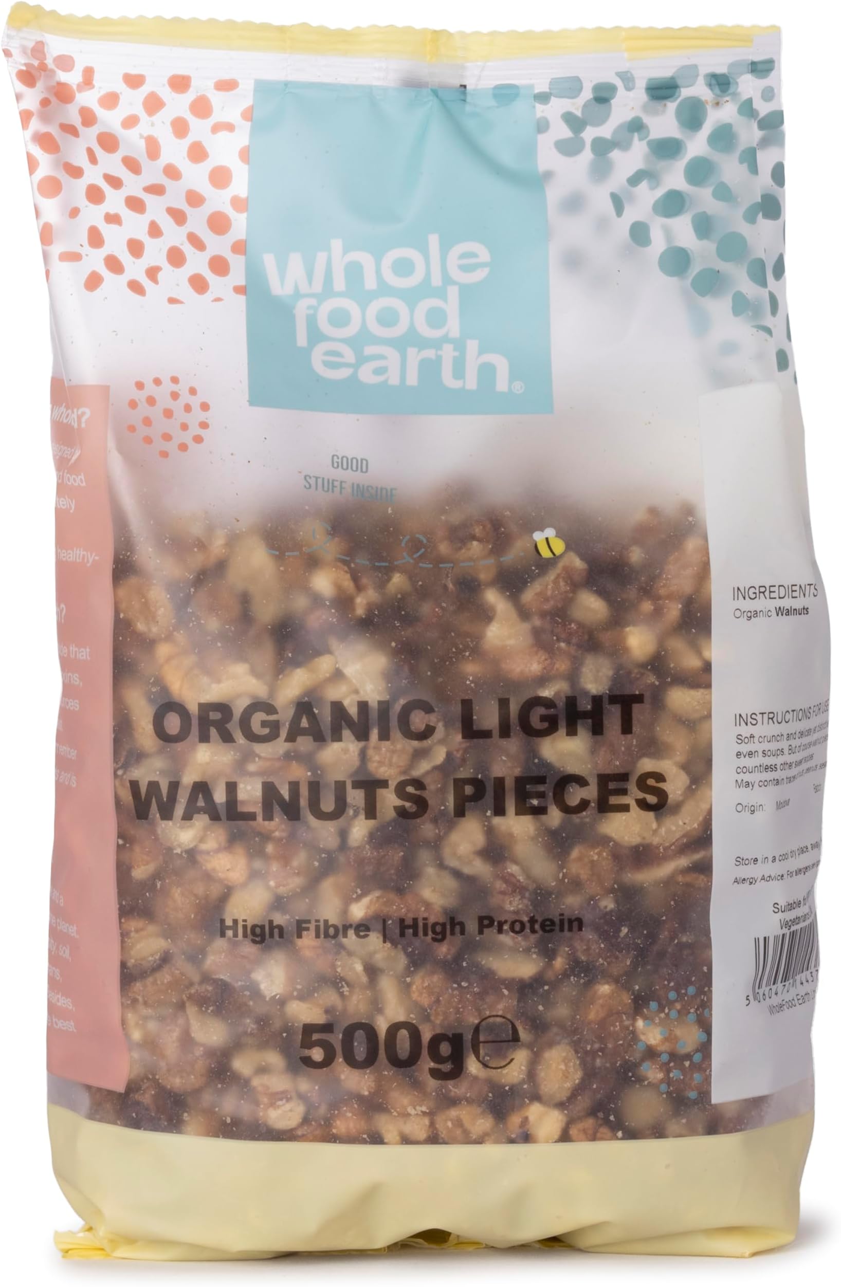 Wholefood Earth Organic Large Walnuts Pieces 500g Raw | Vegan | GMO Free | High Fibre | High Protein | Certified Organic