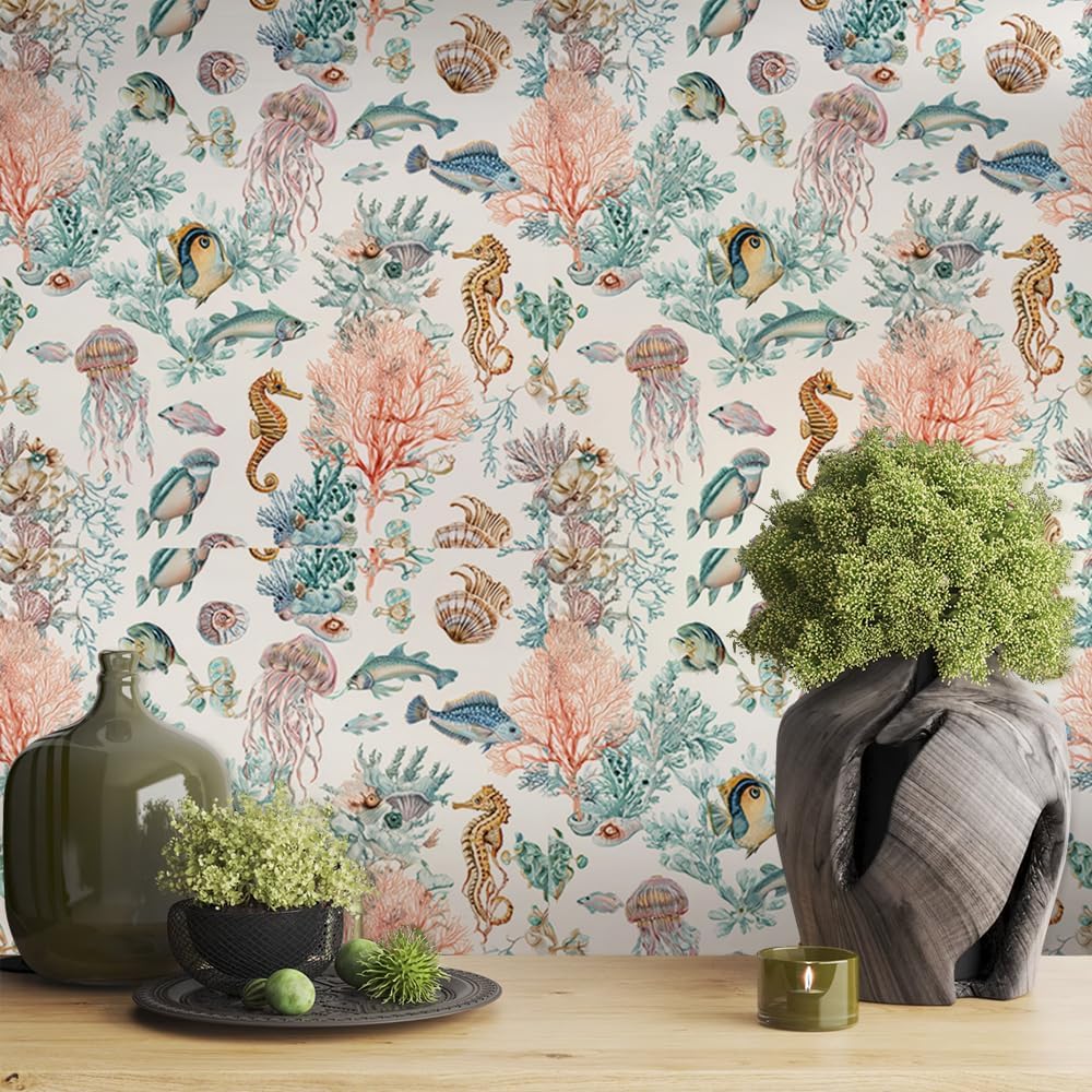 18"x236" Dreamy Marine Orange Blue Coral Fish Peel and Stick Wallpaper Easy Peel Off Contact Paper Vintage Vinyl Self Adhesive Removable Stick on Wall Paper for Kitchen Cabinet Renter Friendly