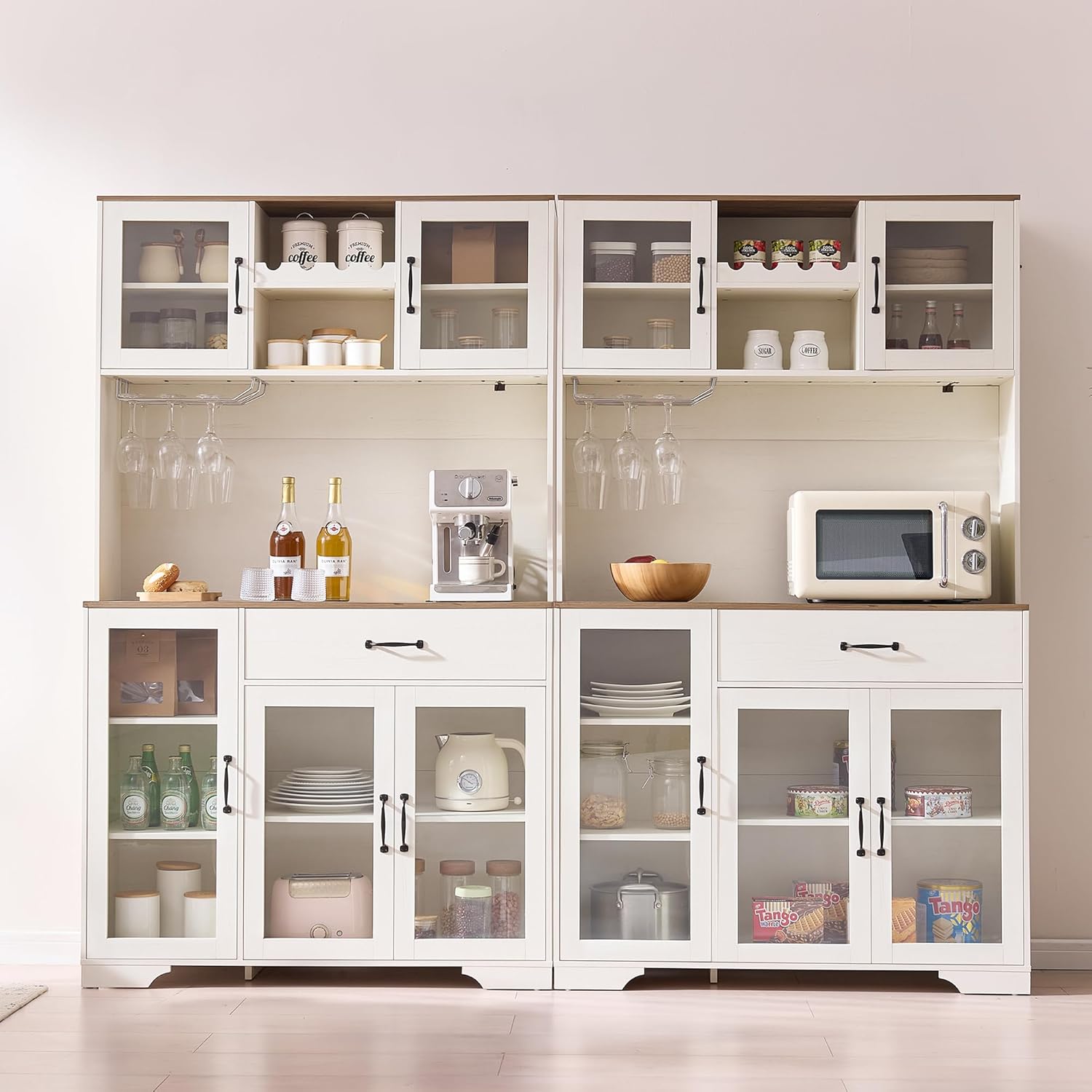 Fatmok 71" Tall Pantry Cabinet with Glass Doors, Kitchen Hutch Storage Cabinet, Coffee Bar & Liquor Cabinet with Charging Station & LED Lights, Wine Rack, Adjustable Shelves＆Large Drawer, Grey