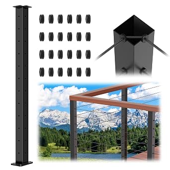 42" Modular Cable Railing Corner Post for Deck Porch, L-drilled | 1 Pack, One-Post Corner Solution, 41"x2"x2",with Cable Grommets, T304 Stainless Steel for Indoor Outdoor, Black
