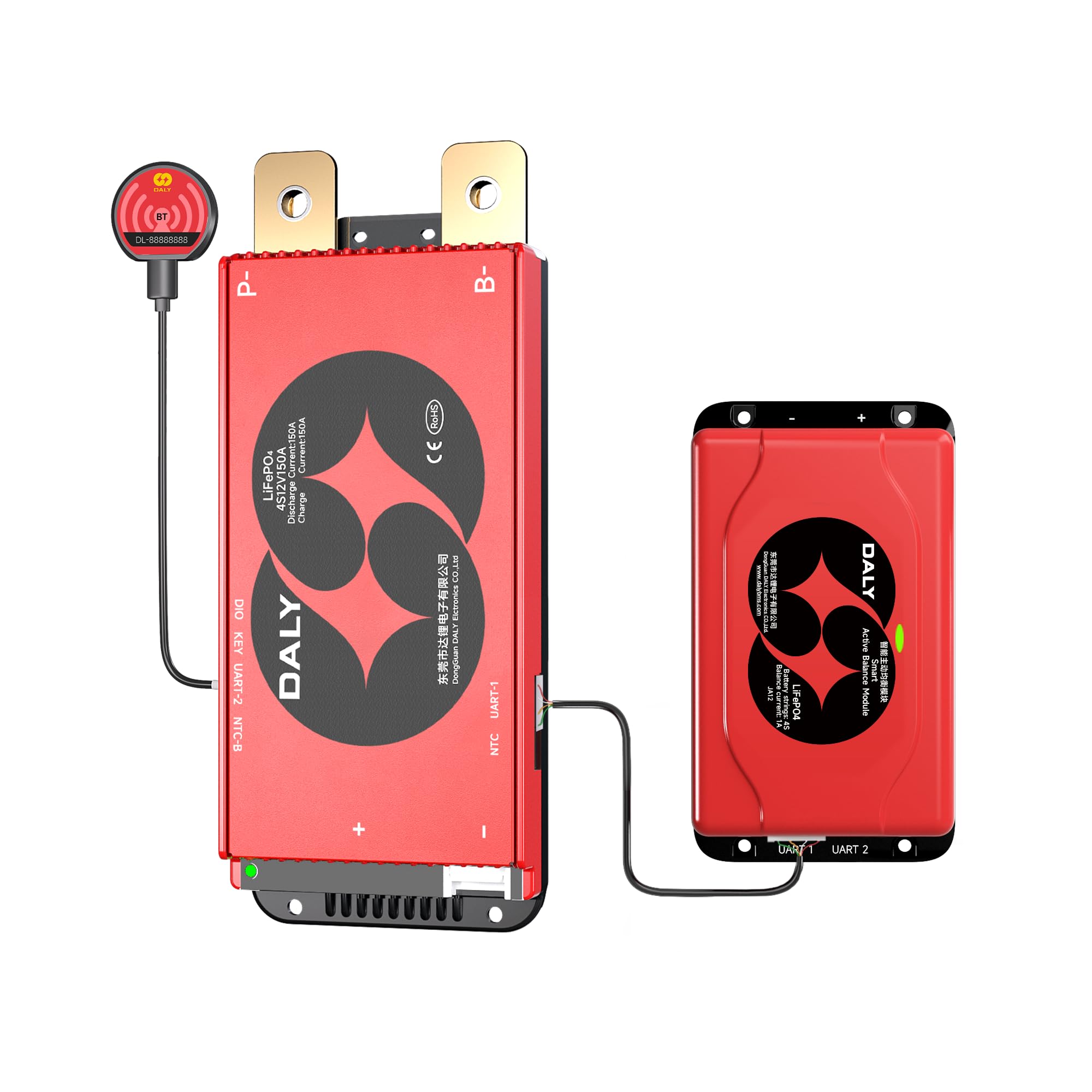 DALY BMS 12V 4S 150A Balance - BMS de equilibrio de celdas activas de 1A con módulo Bluetooth para baterías LiFePO4 de 12V Estación de energía portátil para batería de motor de pesca de arrastre de RV
