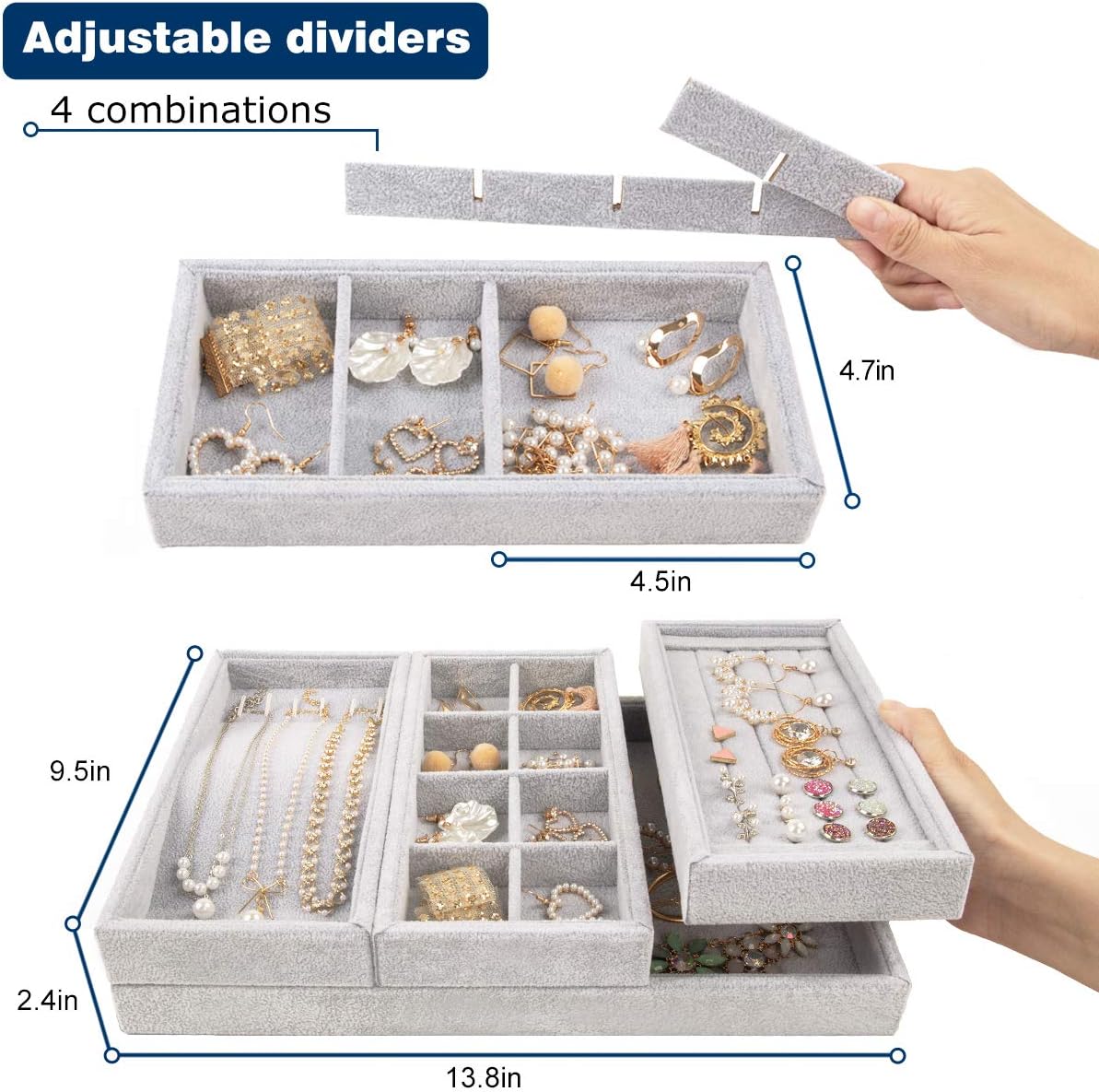 Mebbay Drawer Organizer 4 in 1 Stackable Velvet Jewelry Trays Organizer, Bracelet Ring Storage (Grey) : Clothing, Shoes & Jewelry