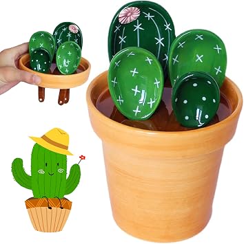 Cactus Measuring Spoons Set in Pot, Cute Ceramic Measuring Cups | Kitchen Gift Cacti Spoon with Holder, Baking Measuring Cups Ornaments, 2 Color Spoons/Solid Color Base