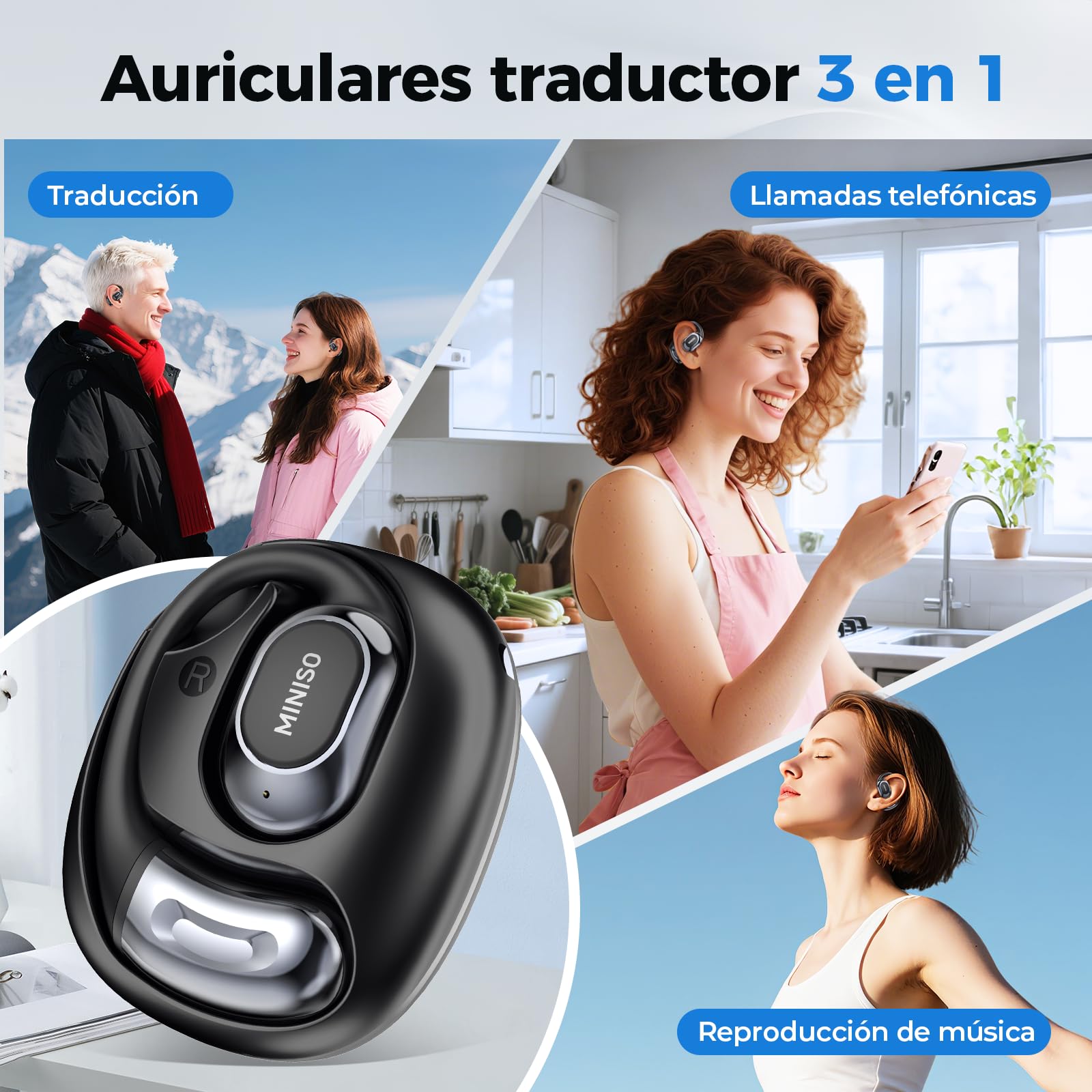 MINISO MS156 Auriculares con traducción por IA, 3 en 1, con traducción en Tiempo Real y función de traducción por IA, con Capacidad para 134 Idiomas, Ideales para Negocios, Viajes y Estudios