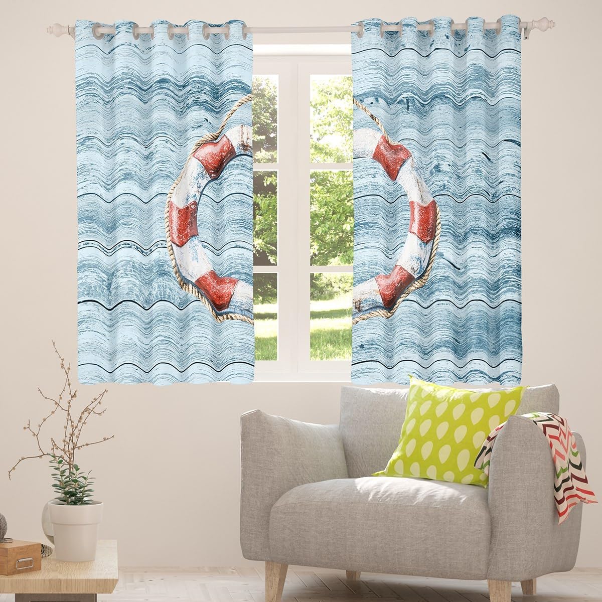 Erosebridal Lifebuoy Curtains 38" Wx45 L, 2 Panels Nautical Boards Darkening Drapes for Kids Boys Girls Adventure Retro Stripe Ocean Sea Coastal Red Pale Blue Window Treatments