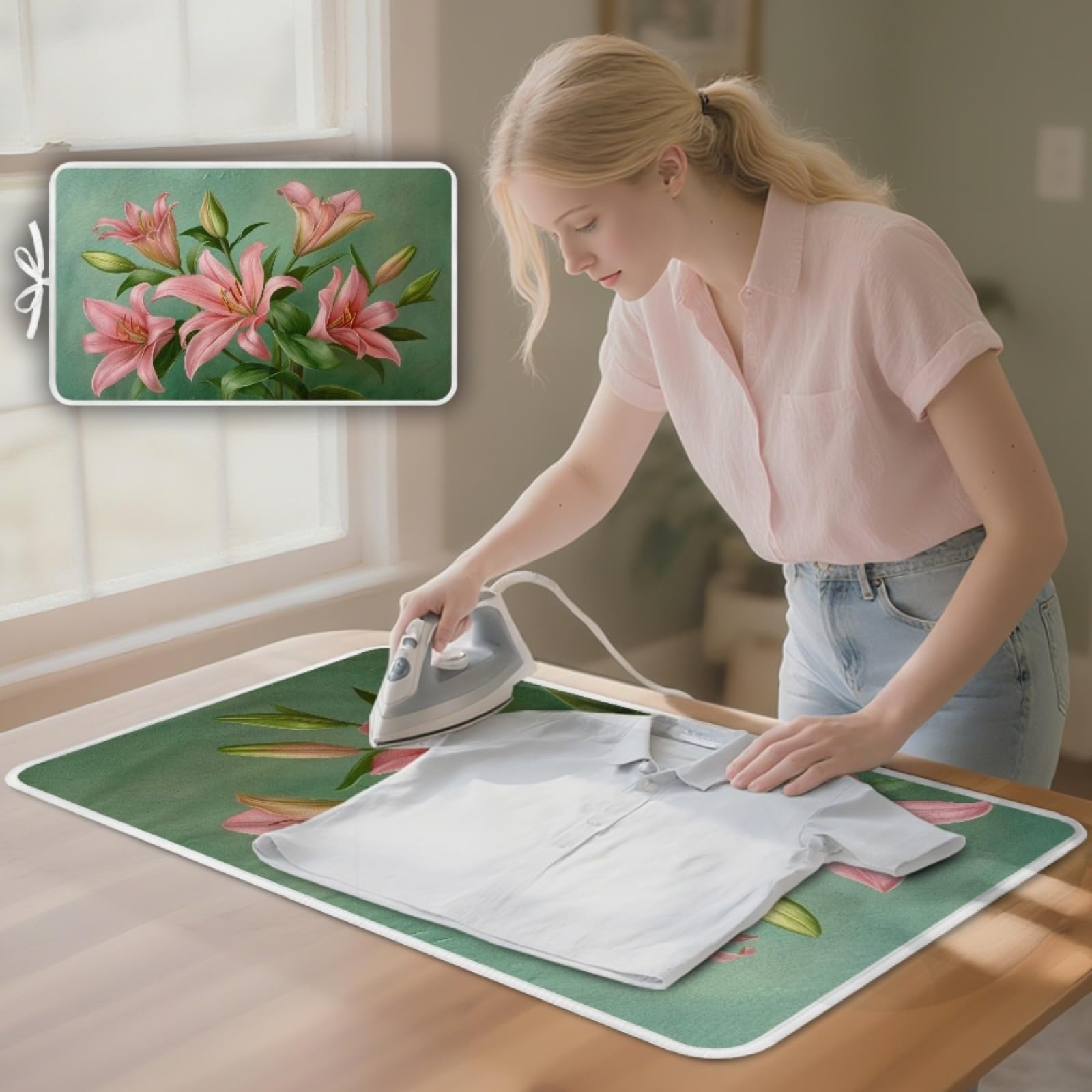 Bügelmatte Grüne Rosa Blume Bügeleinlage Faltbares Hitzebeständig Waschbar Bügelauflage für Tisch und andere Oberflächen Bügelbrett Unterlage rutschfeste Bügeldecke 80x50cm (2 Stück)