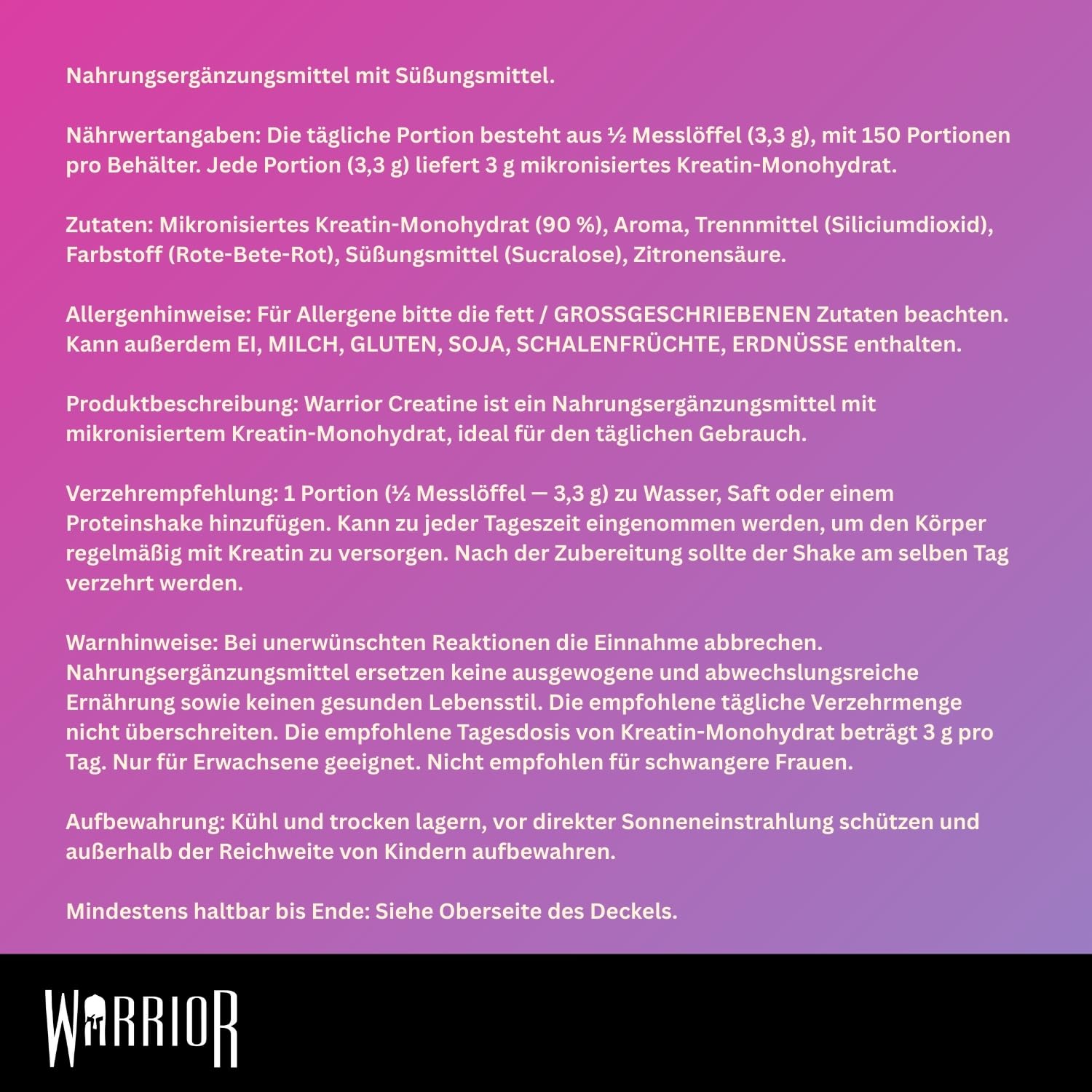 Warrior Creatin Monohydrat Pulver 500 g, Kreatin Vegan – Blazin Berry 3 g pro Portion, 150 Portionen, mikronisiert, angenehmer Geschmack… – Ansicht 2