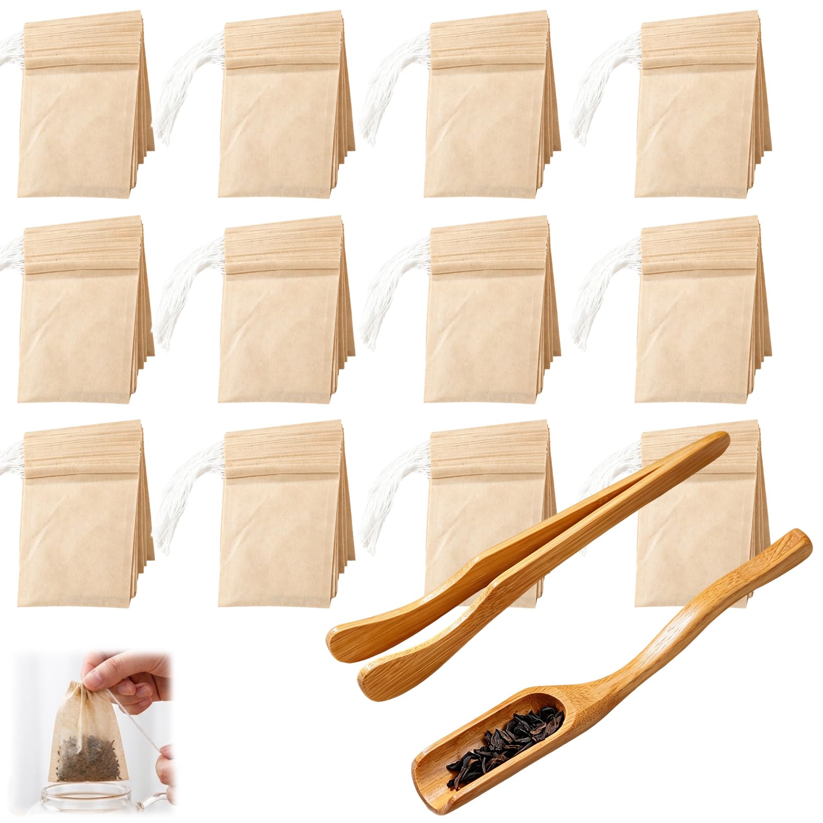 Premium Tea Bags Empty - 200 Pcs Empty Tea Bags with Drawstring, 7x9cm, Includes Bamboo Tea Tongs & Scoop, Plastic Free Tea Bags for Loose Leaf Tea, Spice Bags for Cooking