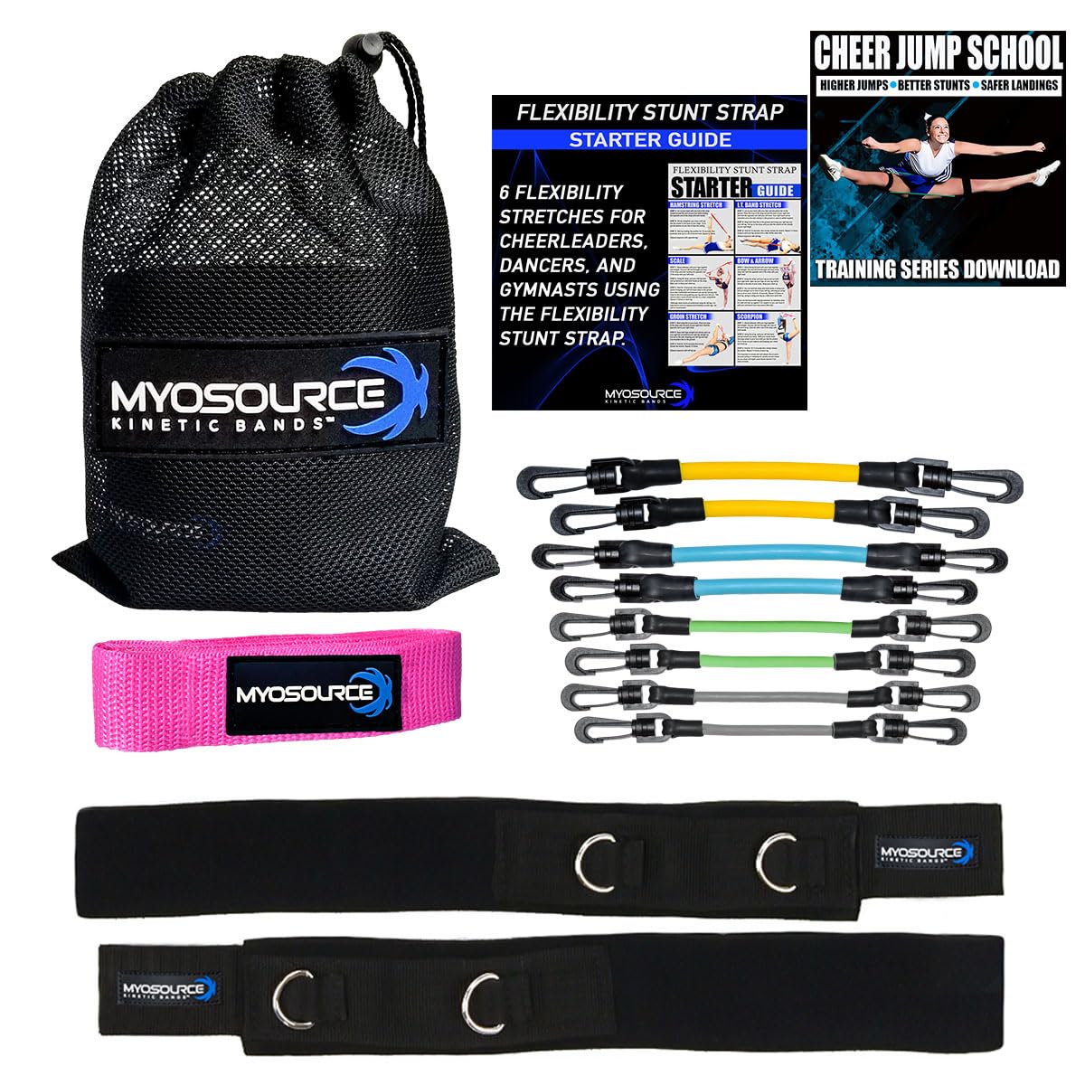 Cheer Kinetic Bands Cheerleader Flexibility and Strength Training | Improve Jumps, Stunts, Landings | 4-Level Leg Resistance Bands & 12 Stunt Strap Color Options, Digital Training Downloads