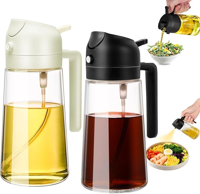 Olive Oil Sprayer for Cooking 2 in 1 - Oil Dispenser with Spray and Pour, 16oz/470ml Brown Oil Spray Bottle for Kitchen, Air Fryer, Salad, BBQ (black+white)