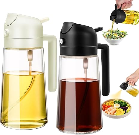 Olive Oil Sprayer for Cooking 2 in 1 - Oil Dispenser with Spray and Pour, 16oz/470ml Brown Oil Spray Bottle for Kitchen, Air Fryer, Salad, BBQ (black+white)