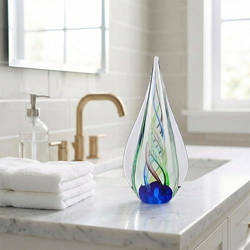 Vista 2 de Hand Blown Glass Sculpture, Murano Style Decor, Aqua Glass Art Collection Figurines, Teardrop Decorative Statue for Office Shelf, Unique Teardrop