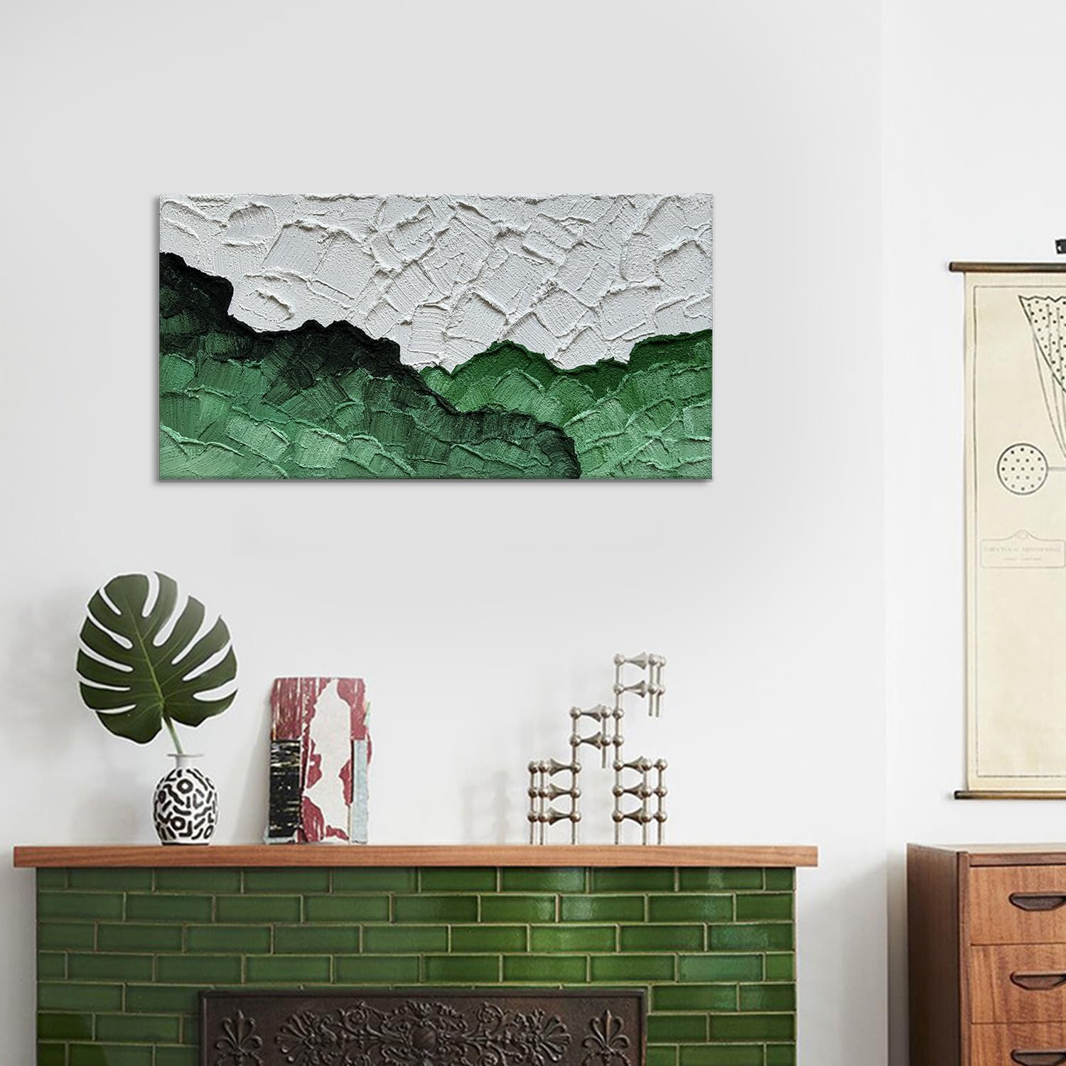 Hand-Painted Green White Texture Oil Painting Modern Abstract Canvas Wall Art Minimalist Color Block Artwork Home Decoration 24x48 Inches