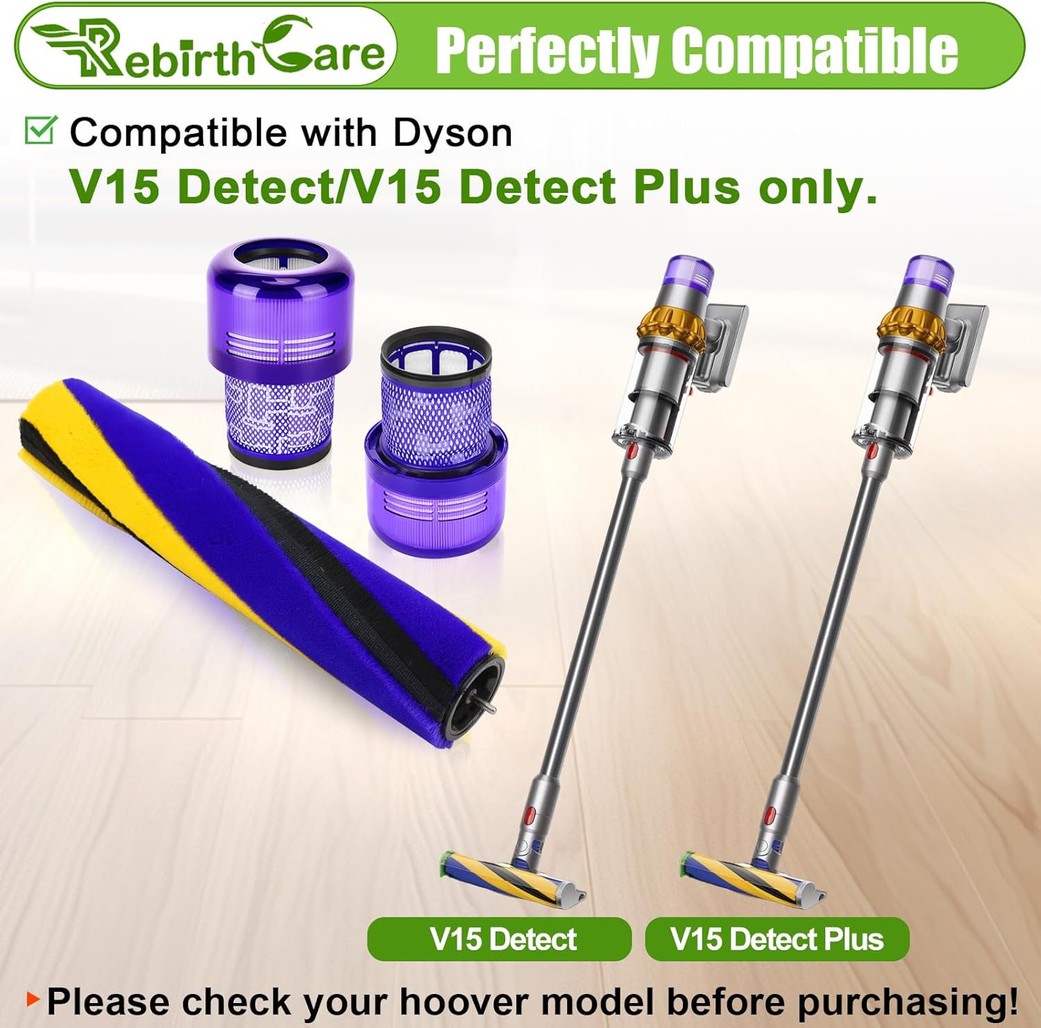 Brush Roller and Filter for Dyson V15 Detect/V15 Detect Plus Vacuum Cleaner, V15 Replacements Parts #970013-02 & 971634-01
