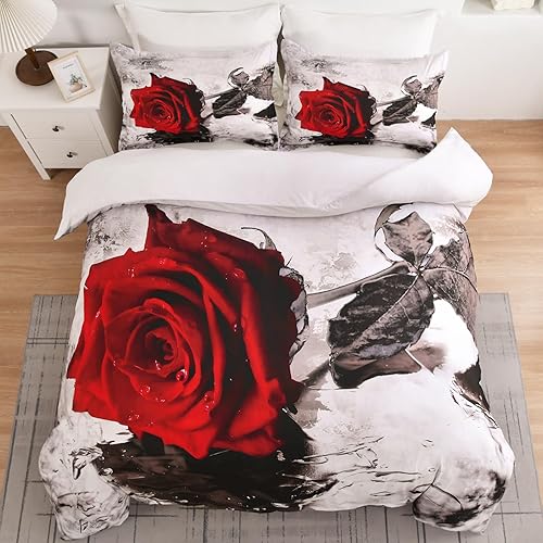 Miniatura 3 de WONGS BEDDING Juego de funda de edredón tamaño King, juego de ropa de cama de 3 piezas con estampado de rosas rojas con 2 fundas de almohada, funda