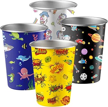 LOZACHE 4 Pack Stainless Steel Kids Cups 12 oz Pint Tumbler Stackable Metal Drinking Glasses for Travel Camping Outdoors Yellow Boom, Blue Ocean, Black Space, White Unicorn Multicolors Cartoon 02