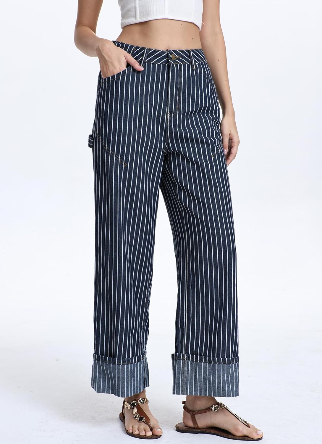 Ladyful Women's Striped Jeans High Waist Cuffed Hem Wide Straight Leg Baggy Jeans Casual Denim Pants with Pockets