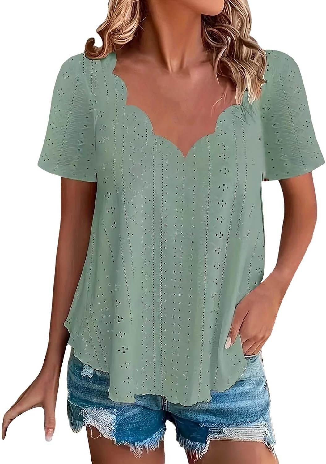 Women's Plus Size Tops Short Sleeve Lace V Neck Scalloped T Shirts Dressy Casual Blouse Loose Fitted Tees