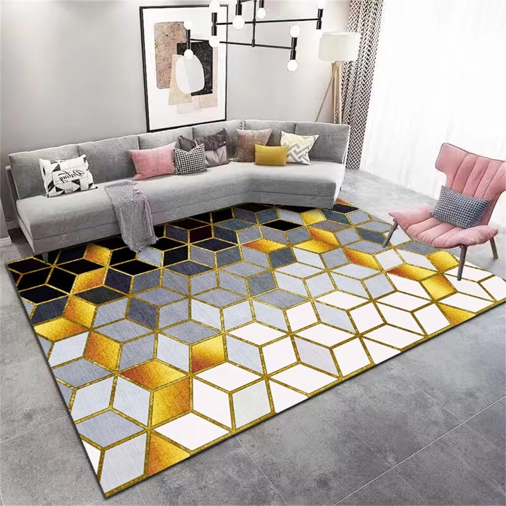 Grand tapis de chambre bleu au style géométrique moderne et épuré