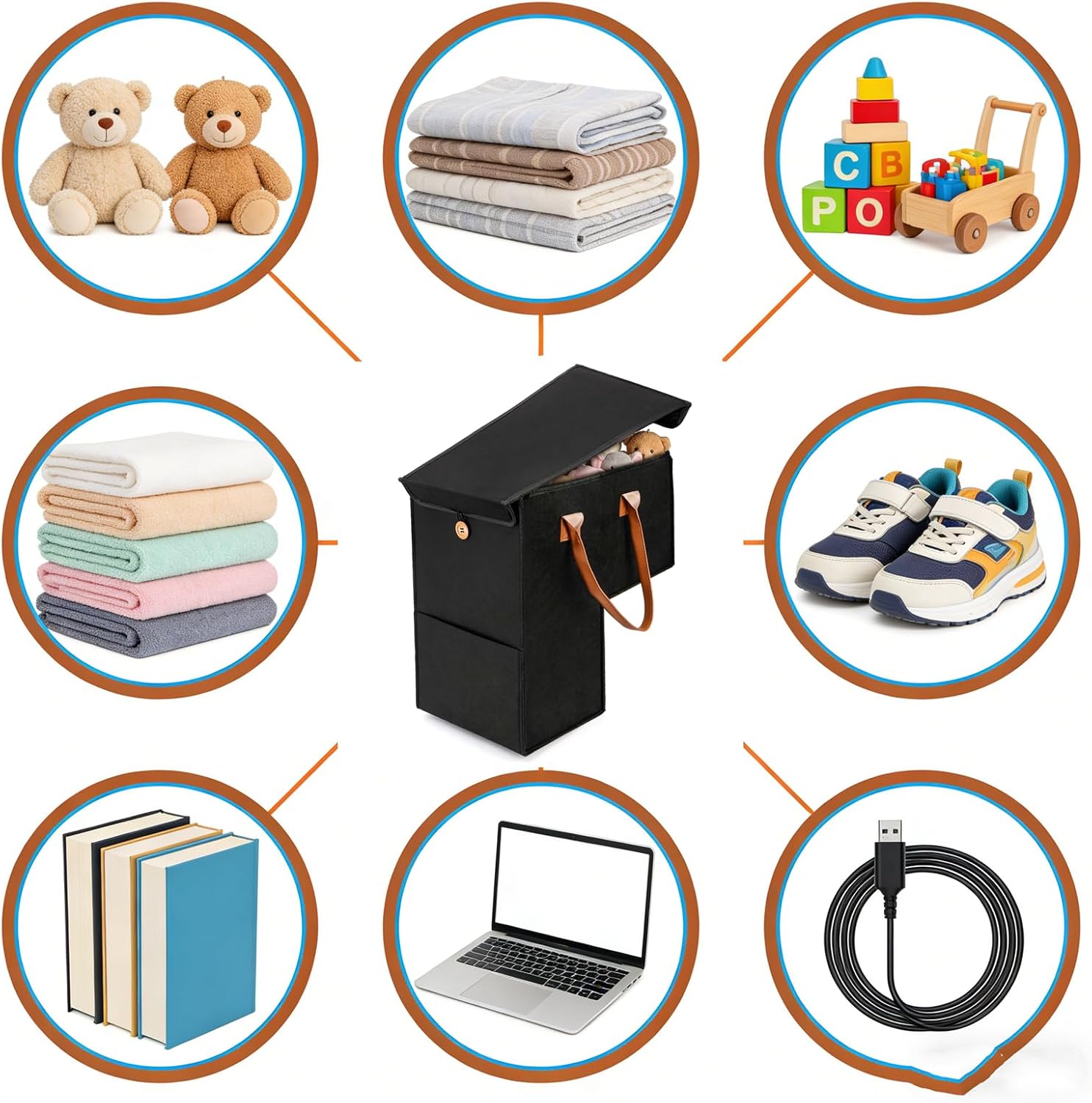 Yopay 2 Pack Stair Storage Baskets with Leather Handles, Upgraded Step Organizer Bin with Lid for Carpeted Wooden Stairs, Foldable Felt Basket with Supporting Insert for Books, Clothes, Office Supplie