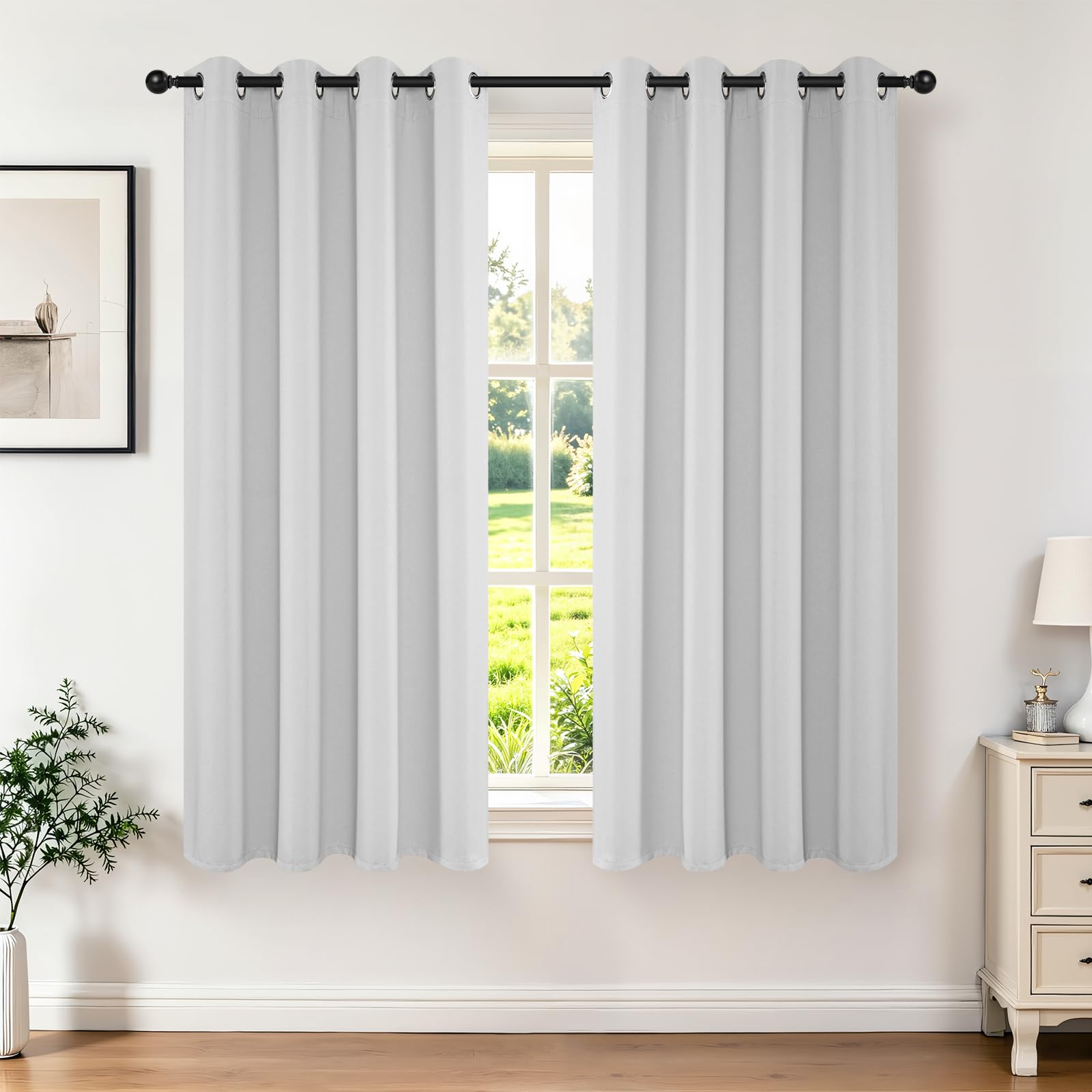 Joydeco White Curtains 63 Inches Long 2 Panels Set, Thermal Insulated Long Curtains& Drapes 2 Burg, Room Darkening Grommet Drapes for Living Room Bedroom Window (W52 x L63 Inch, Greyish White)