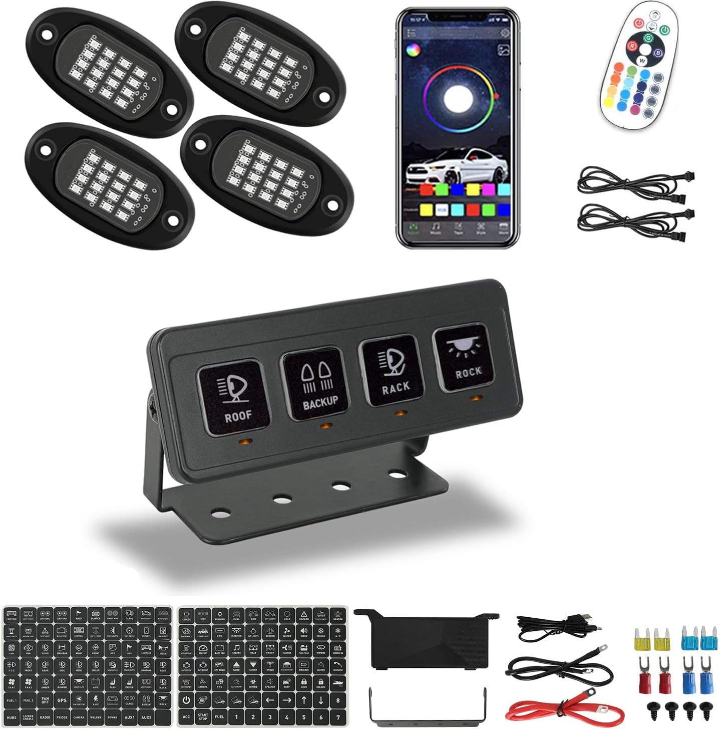 4 Pods RGB LED Rock Lights 4 Gang Wireless Switch Panel - Waterproof Pod Lights Under Body Glow Light Lamp Rock Kit - for Off Road Van Truck ATV UTV SUV