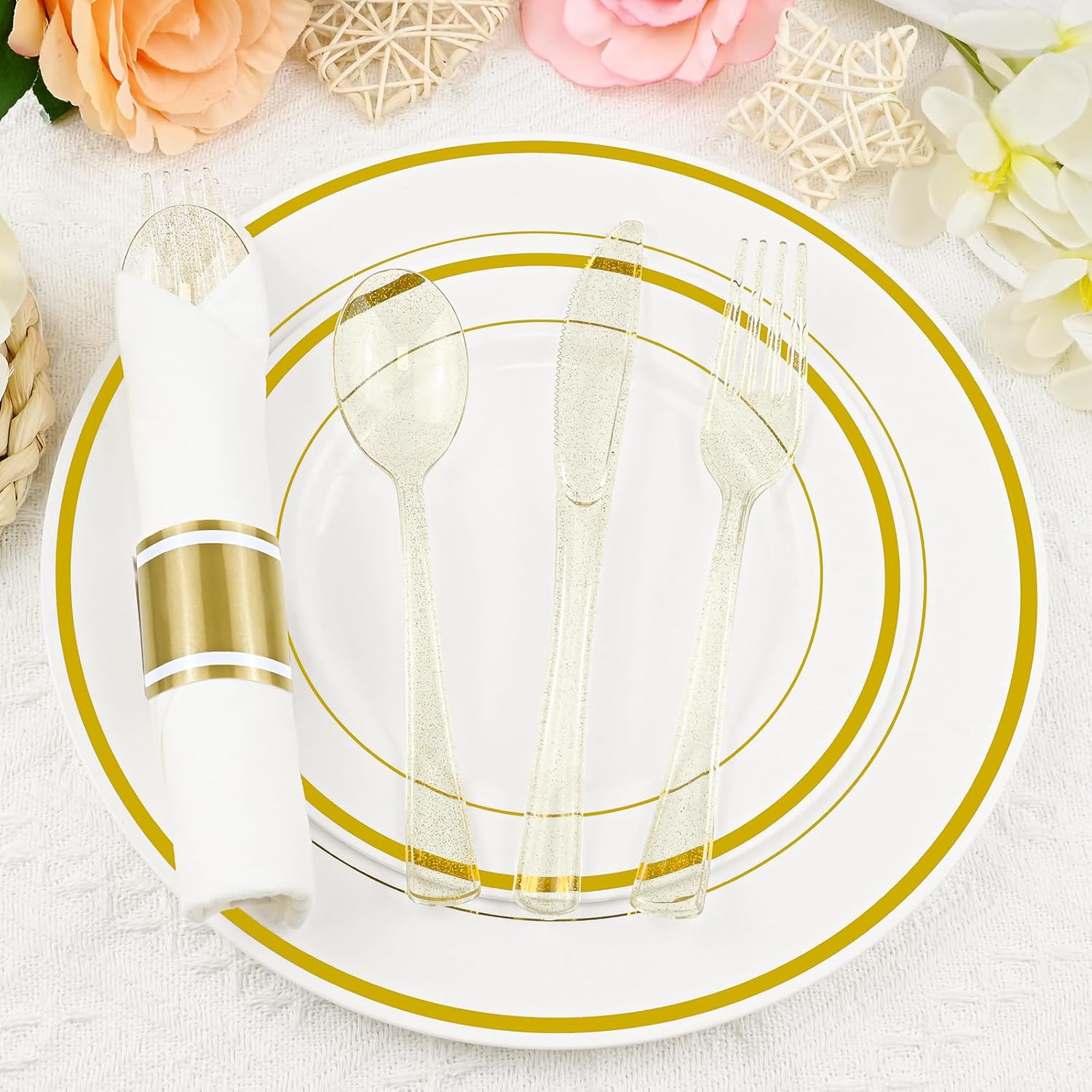 100 Pack Pre Rolled Gold Glitter Plastic Silverware Set, Heavy Duty Disposable Cutlery with 100 Forks, 100 Knives, 100 Spoons and Napkins, Wrapped Utensils for Parties Weddings Events