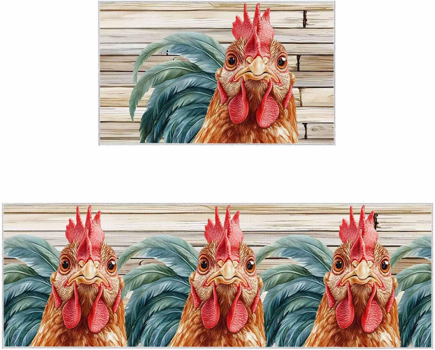 2 Pieces Kitchen Rugs and Mats,Farmhouse Rooster on Vintage Wood Area Runner Rug Set Non Slip Floor Doormat Washable Carpet Standing Mat for Kitchen Sink Indoor Corridor,Rustic Farm Animal Paint