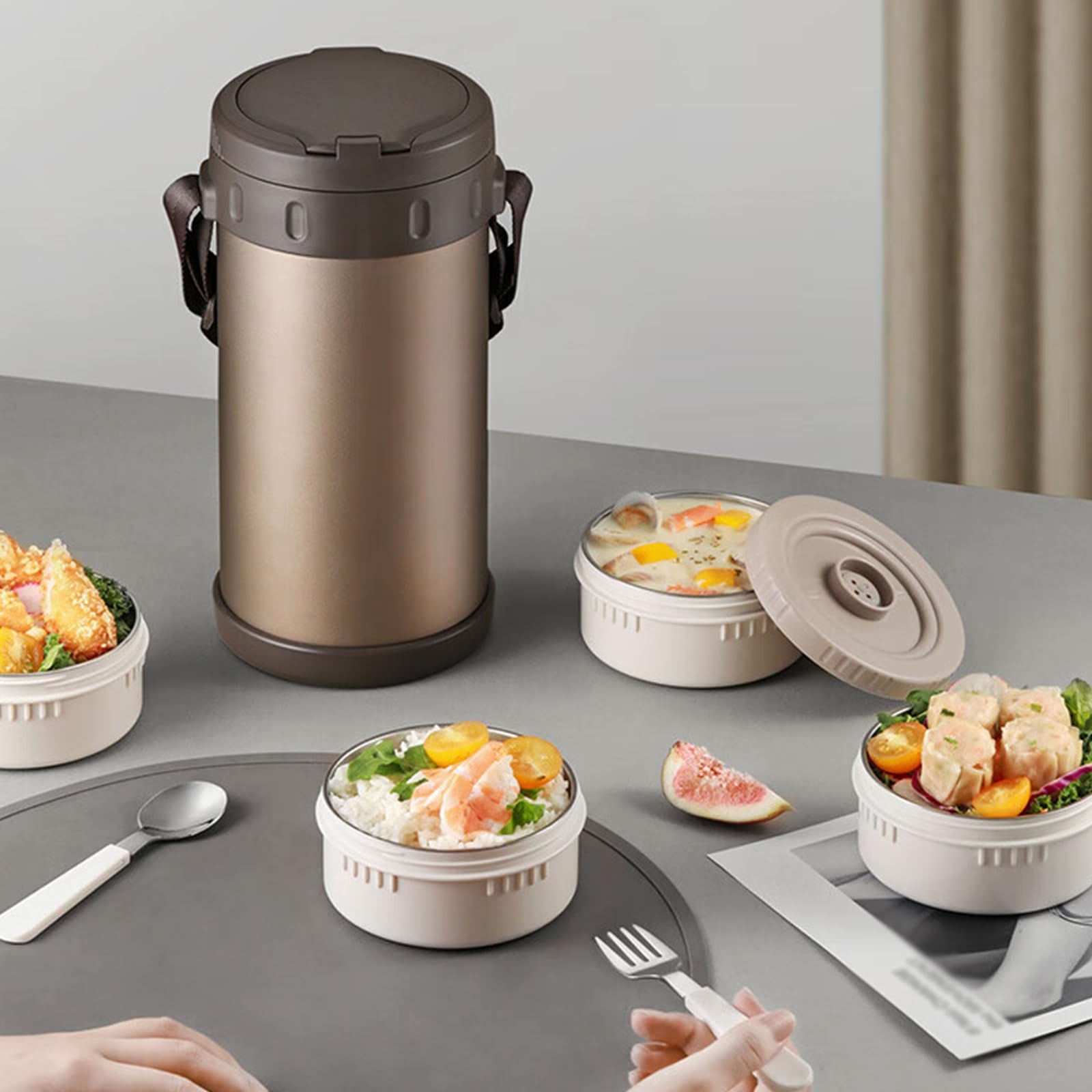 Vnook Edelstahl Isolierte Lunchbehälter, Warmhaltebebehälter, Bento-Box mit Faltbaren Löffel, Mehrschicht, für Büro, Schule Draußen, Servieren von Brei, Reis, warmes Geschirr(Black,2.3L)