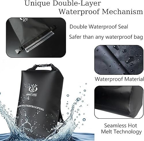 Miniatura 2 de Bolsa seca impermeable 5L10L20L - Mochila impermeable enrollable para kayak con doble cierre de cremallera y correa de hombro ajustable, Negro, 5 l,