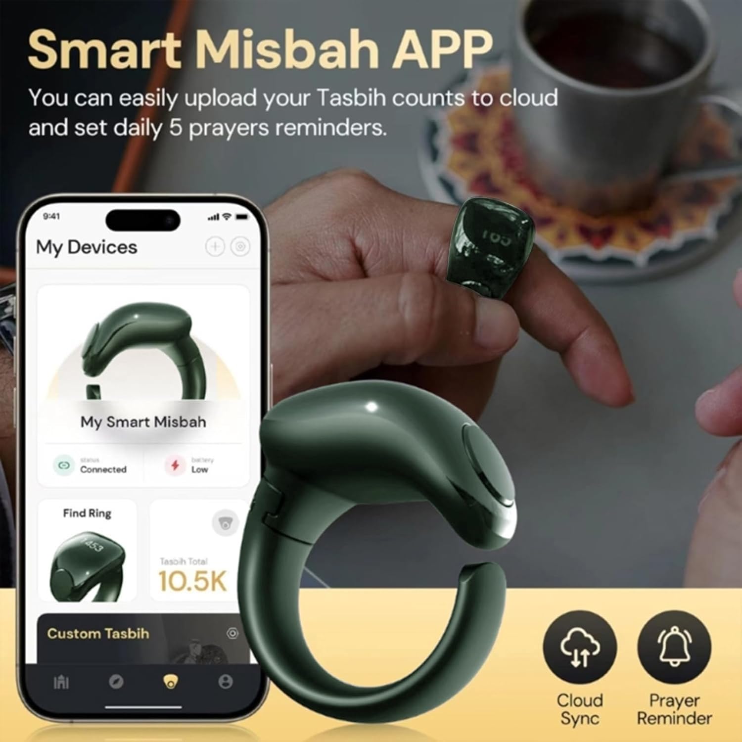 Tasbih Zikr Smart Ring, Adjustable Ring Finger Counter with Size,APP Support Digital Counter, Waterproof 4 Digit Finger Counter zikr Ring for Muslims